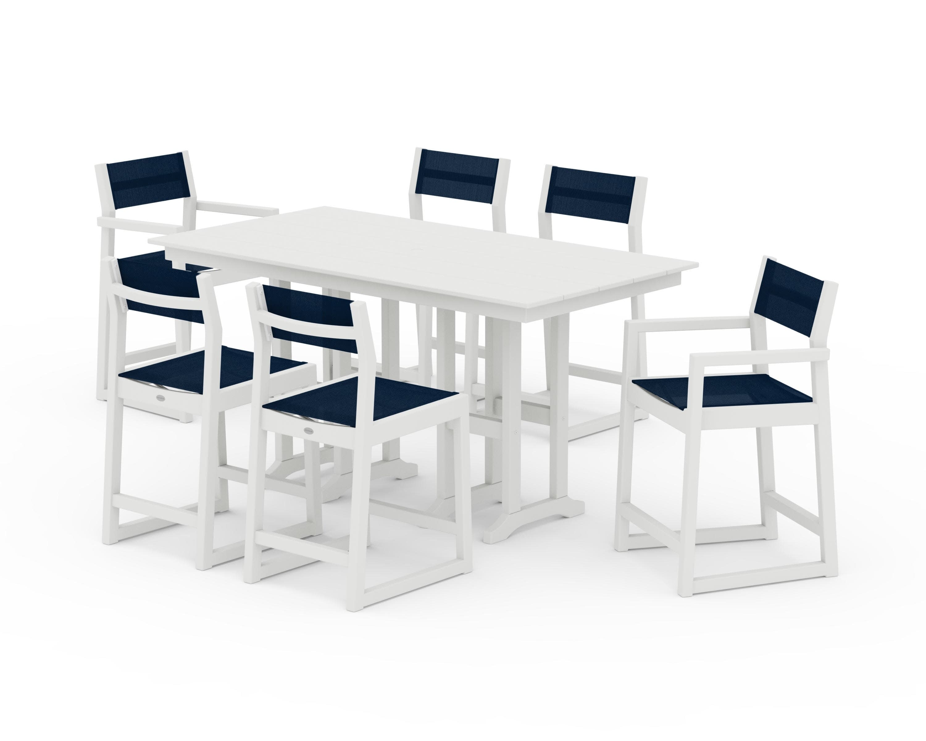 EDGE Sling 7-Piece Farmhouse Counter Set with Trestle Legs in Vintage White / Navy Blue Sling