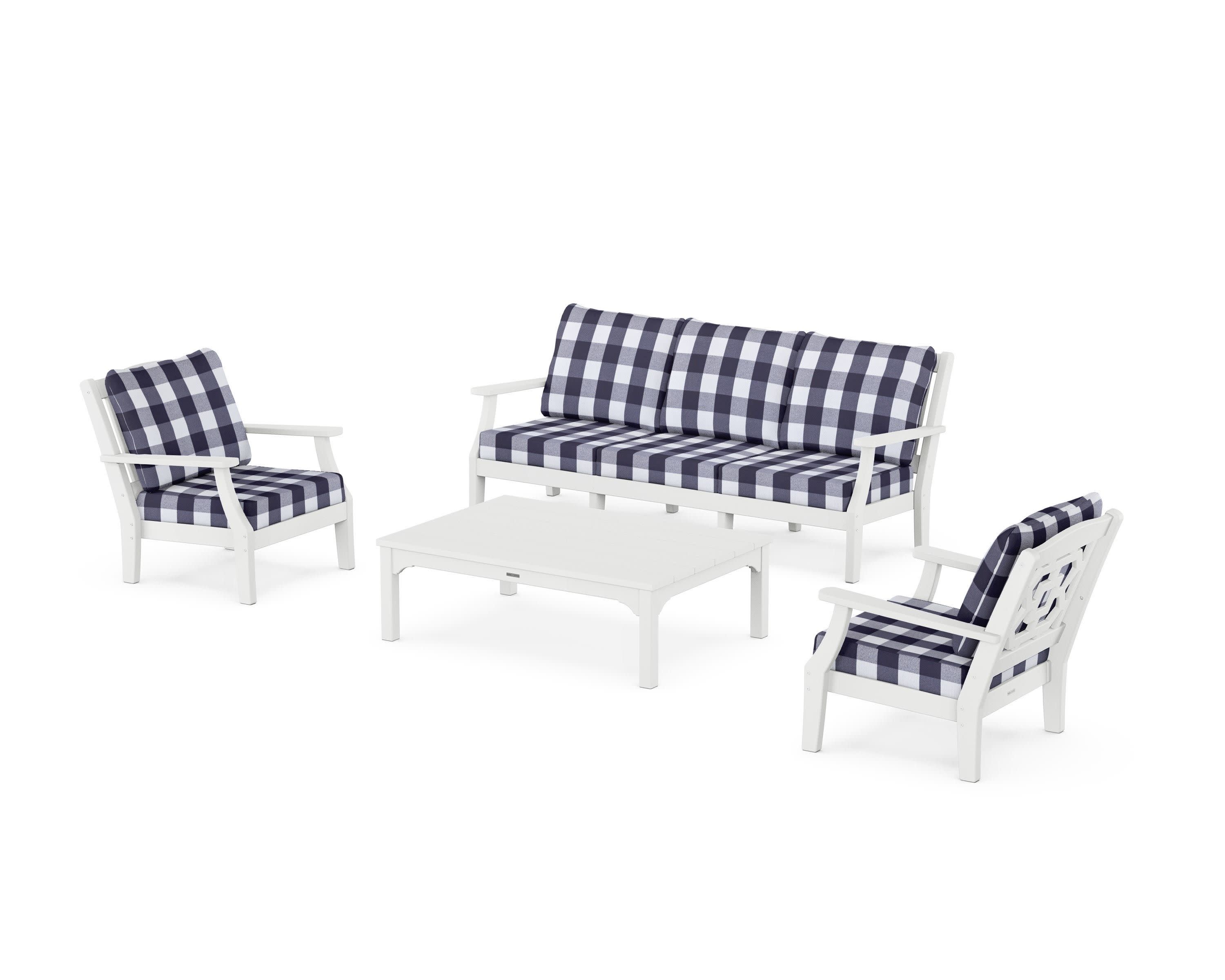 Chinoiserie 4-Piece Deep Seating Set with Sofa in White / Buffalo Plaid Navy