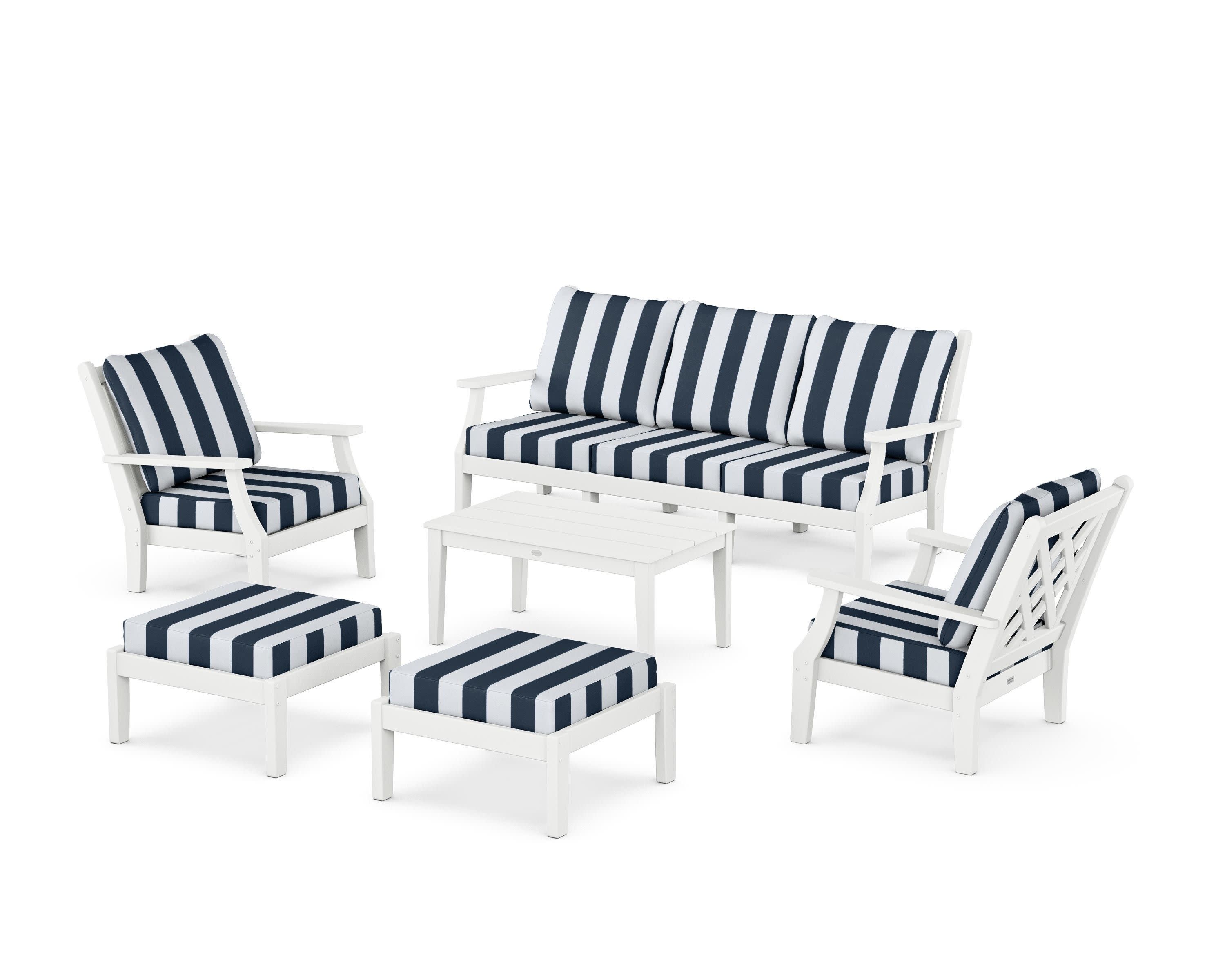 Wovendale 6-Piece Lounge Sofa Set in White / Cabana Stripe Marine Indigo