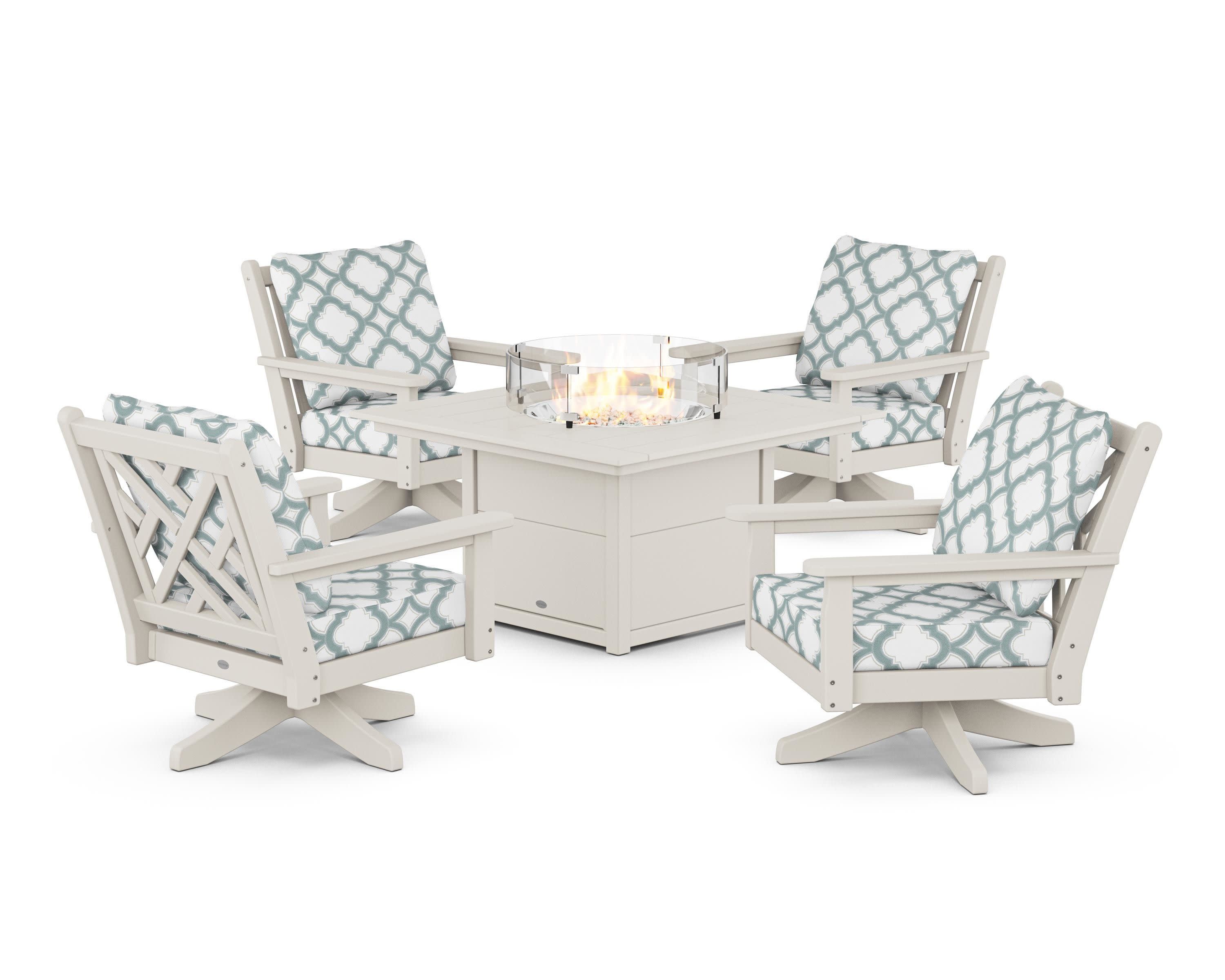 Chippendale 5-Piece Deep Seating Swivel Conversation Set with Fire Pit Table in Sand / Trellis Glacier Spa