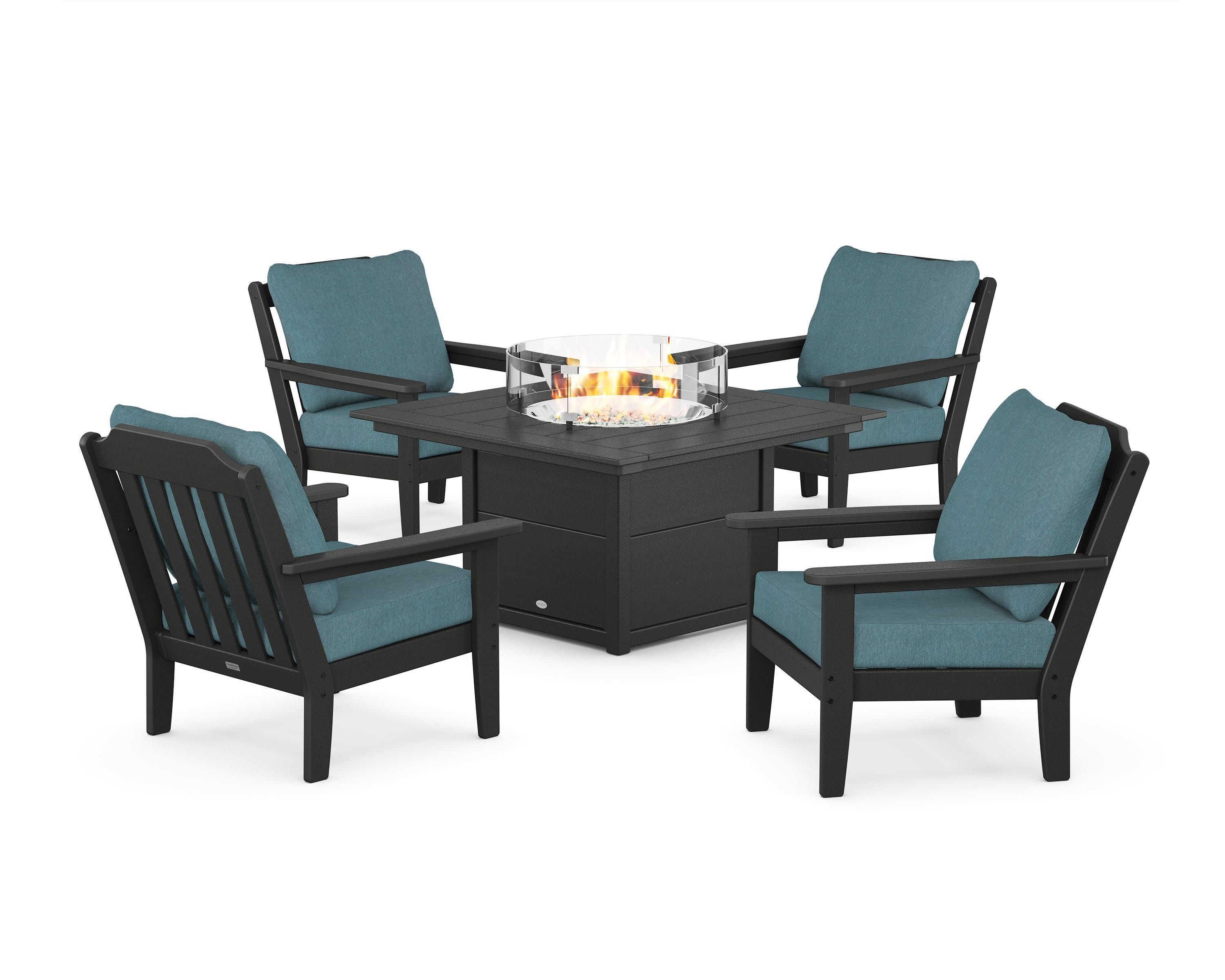 Cottage 5-Piece Deep Seating Set with Fire Pit Table in Black / Ocean Teal