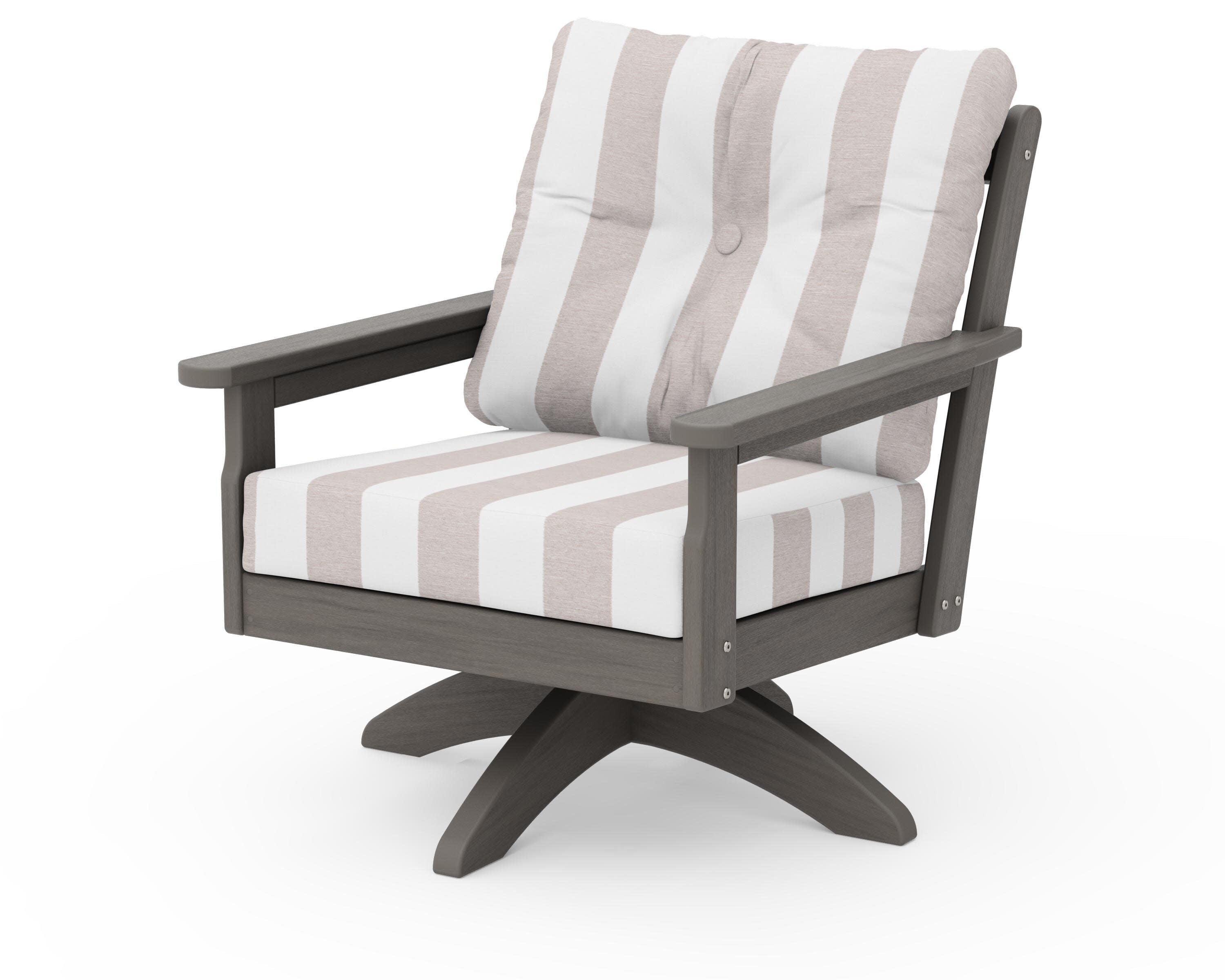 Vineyard Deep Seating Swivel Chair in Driftwood / Cabana Stripe Dune Burlap