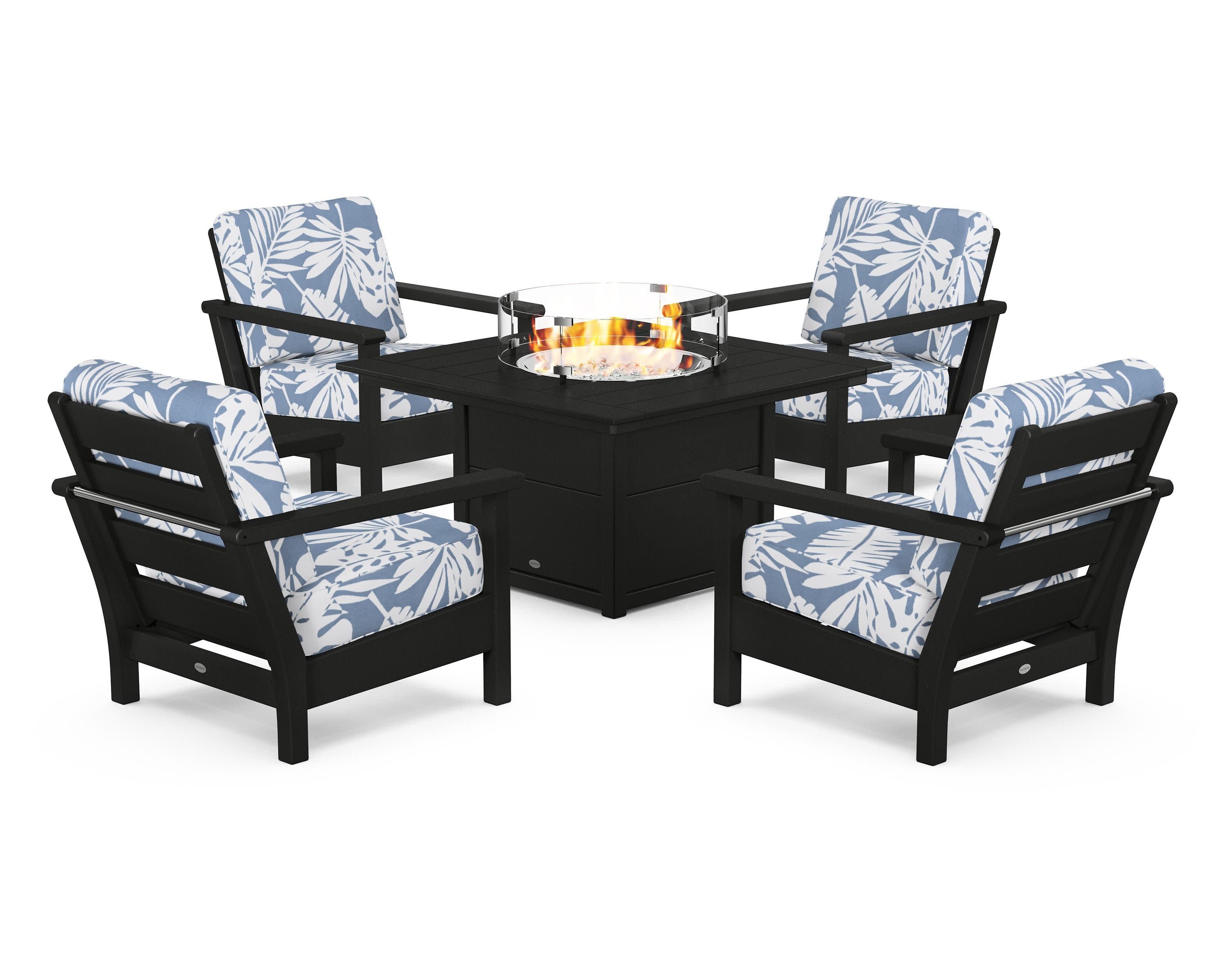 Harbour 5-Piece Conversation Set with Fire Pit Table in Black / Leaf Sky Blue