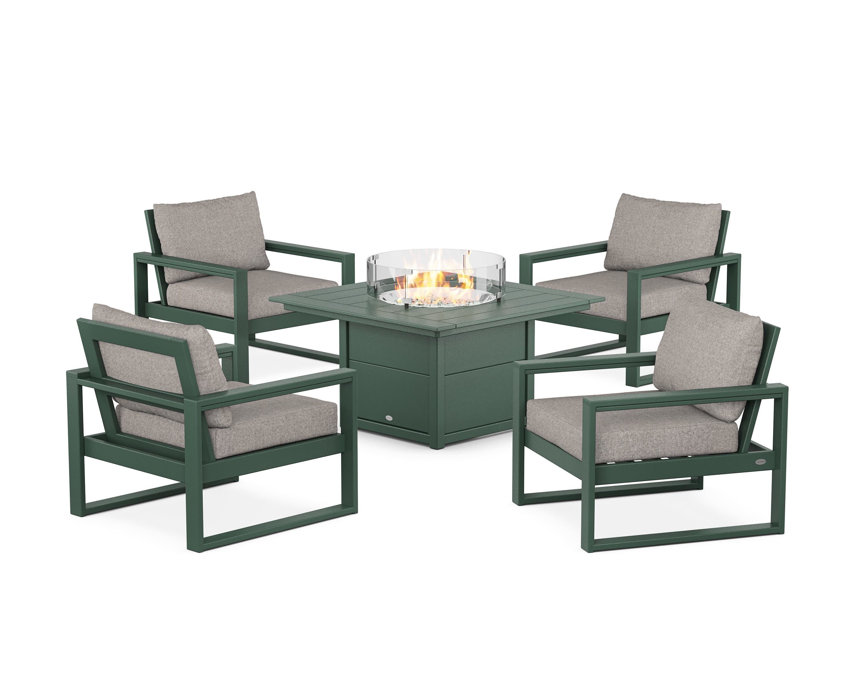 EDGE Sectional 5-Piece Deep Seating Set with Fire Pit Table in Green / Weathered Tweed