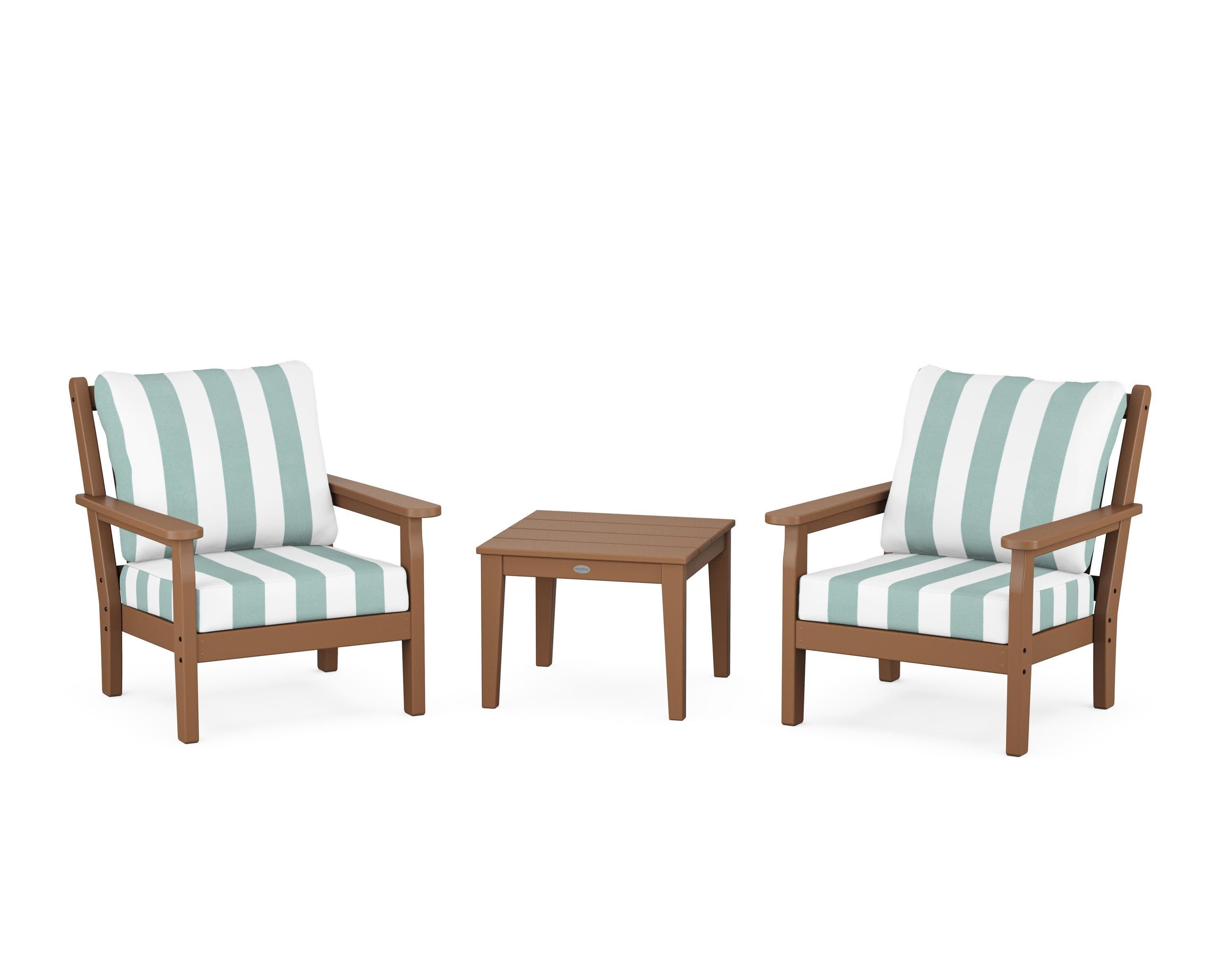 Chippendale 3-Piece Deep Seating Set in Teak / Cabana Stripe Glacier Spa