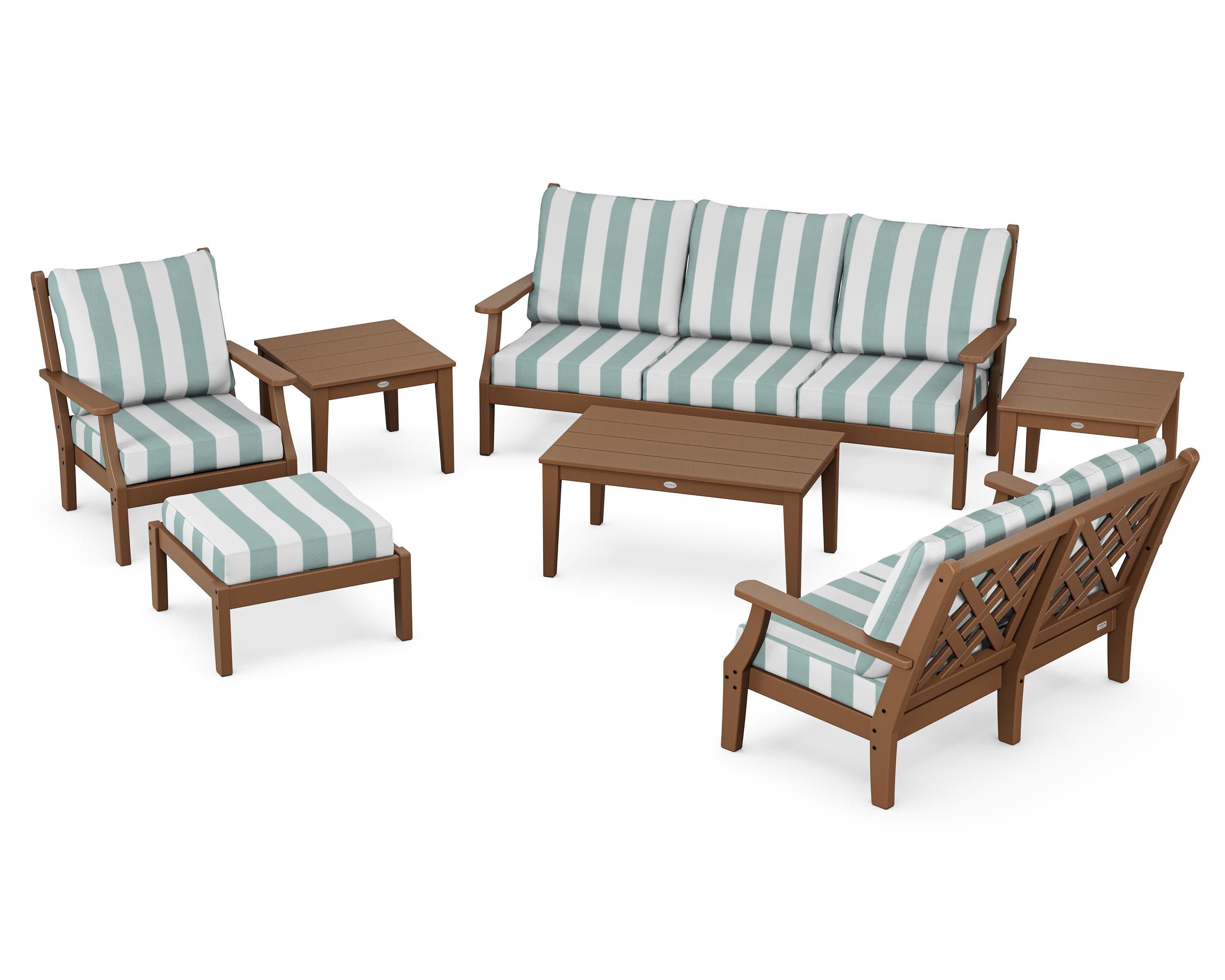 Wovendale 7-Piece Deep Seating Set in Teak / Cabana Stripe Glacier Spa