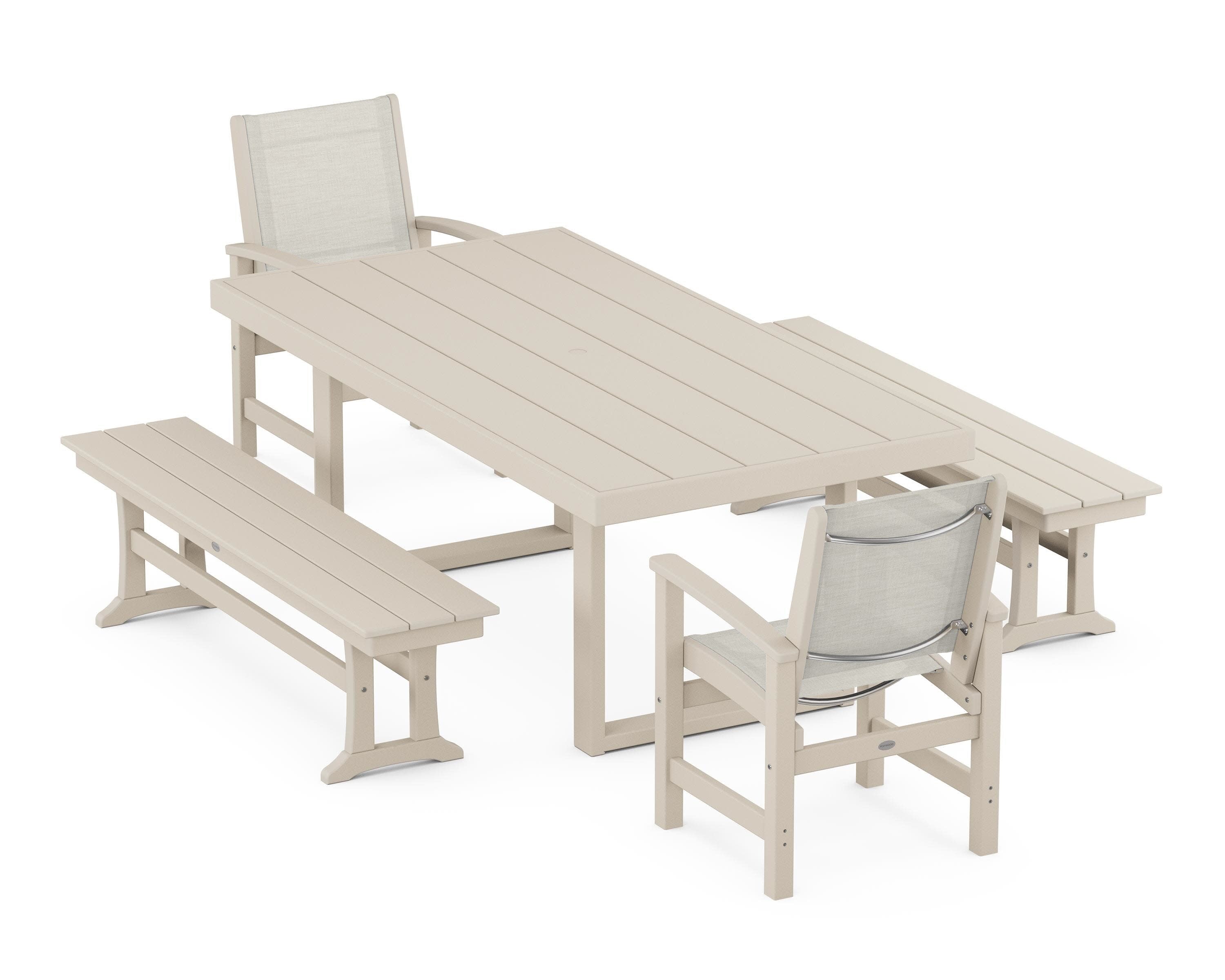 Coastal 5-Piece Dining Set with Trestle Legs in Sand / Parchment Sling
