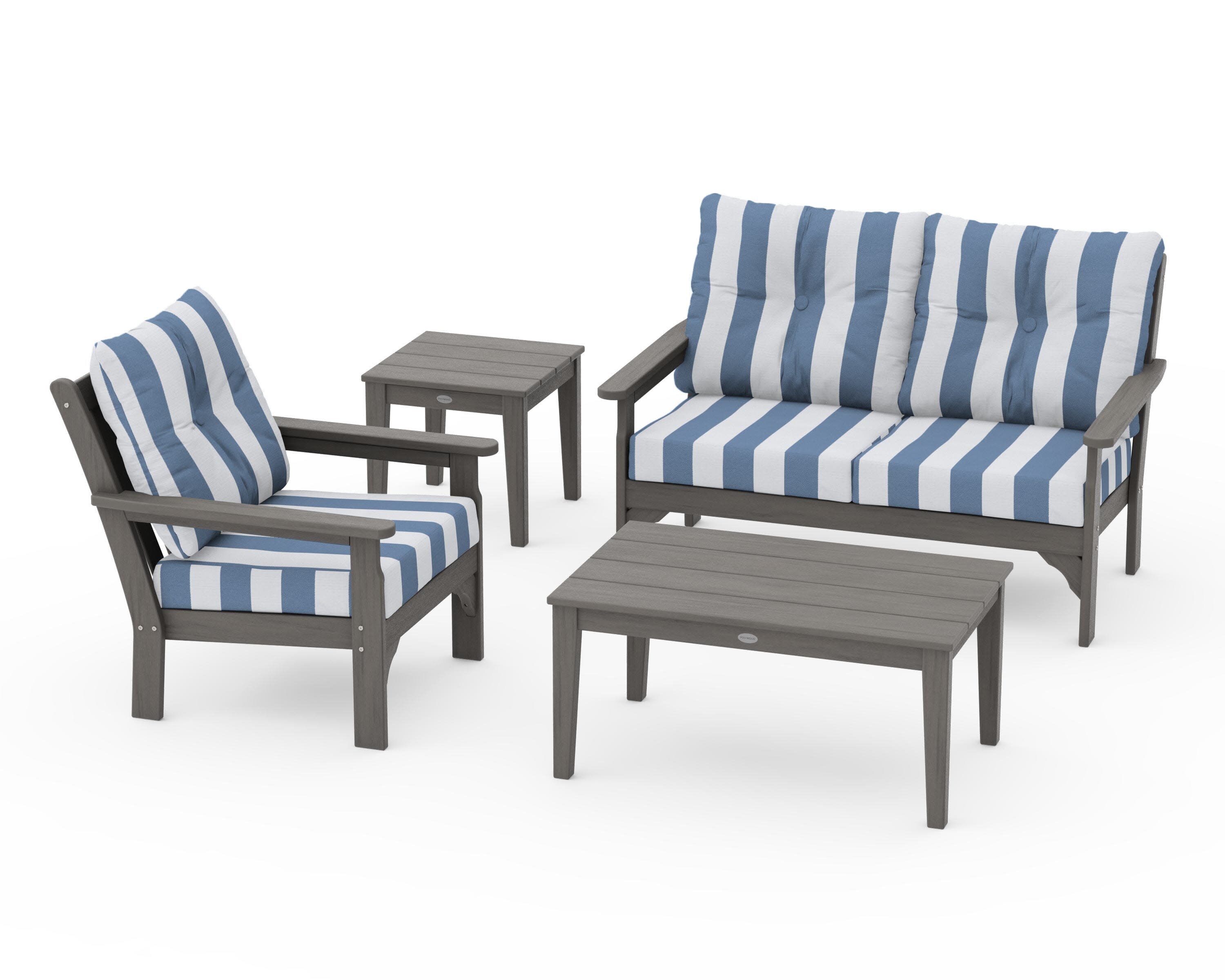 Vineyard 4-Piece Deep Seating Set in Driftwood / Cabana Stripe Sky Blue
