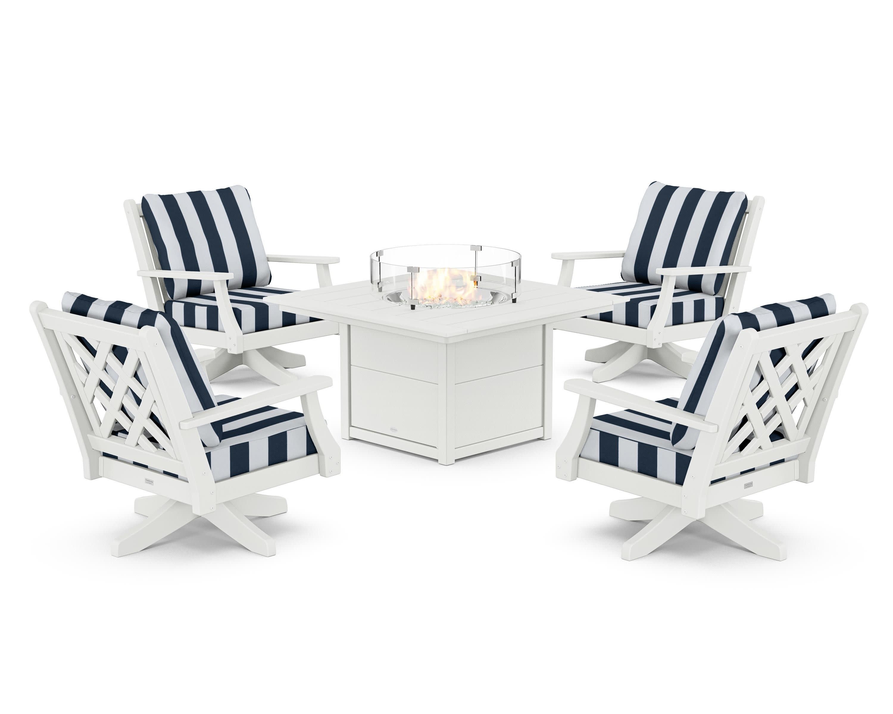 Wovendale 5-Piece Deep Seating Swivel Conversation Set with Fire Pit Table in White / Cabana Stripe Marine Indigo