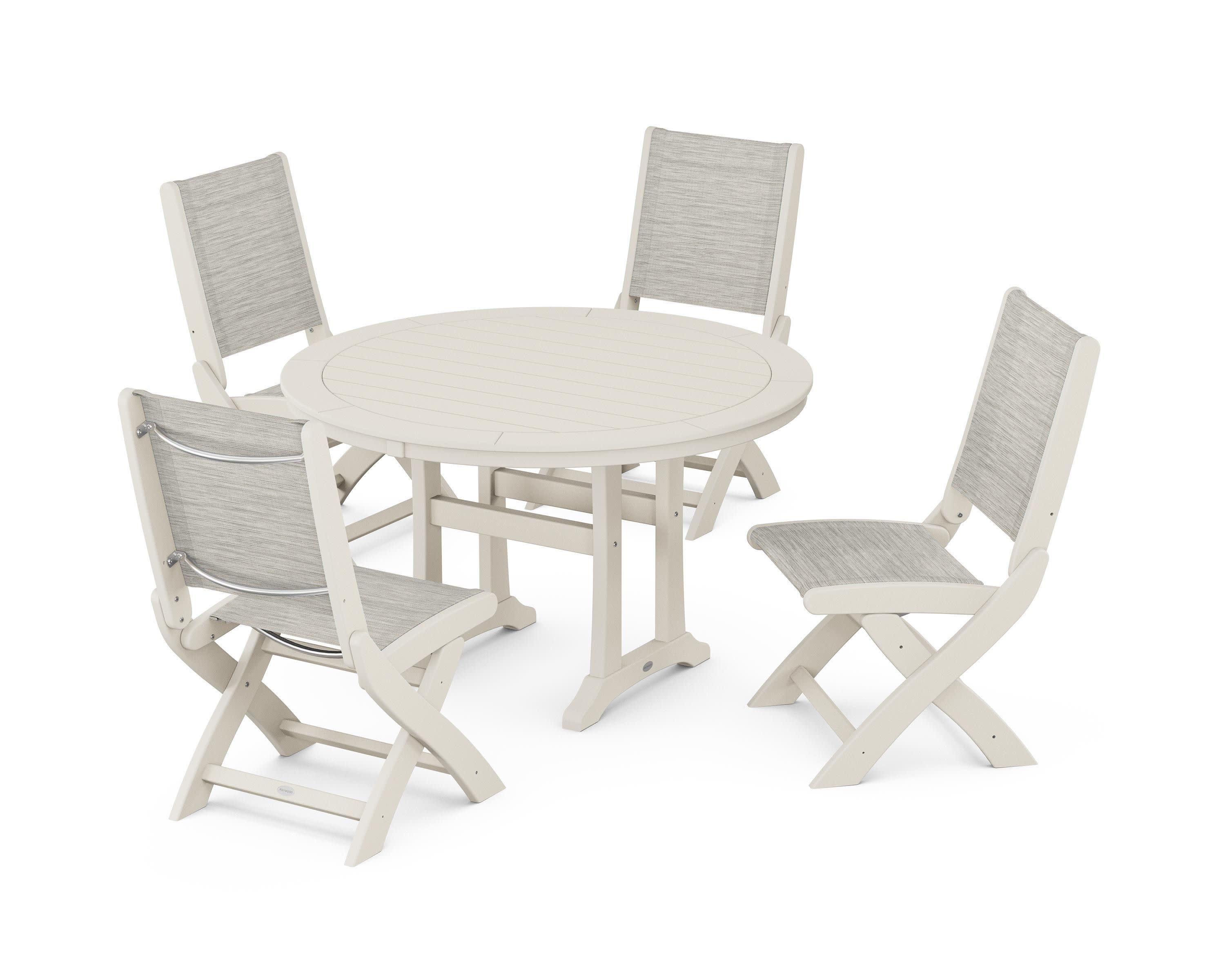 Coastal Folding Side Chair 5-Piece Round Dining Set With Trestle Legs in Sand / Birch Sling