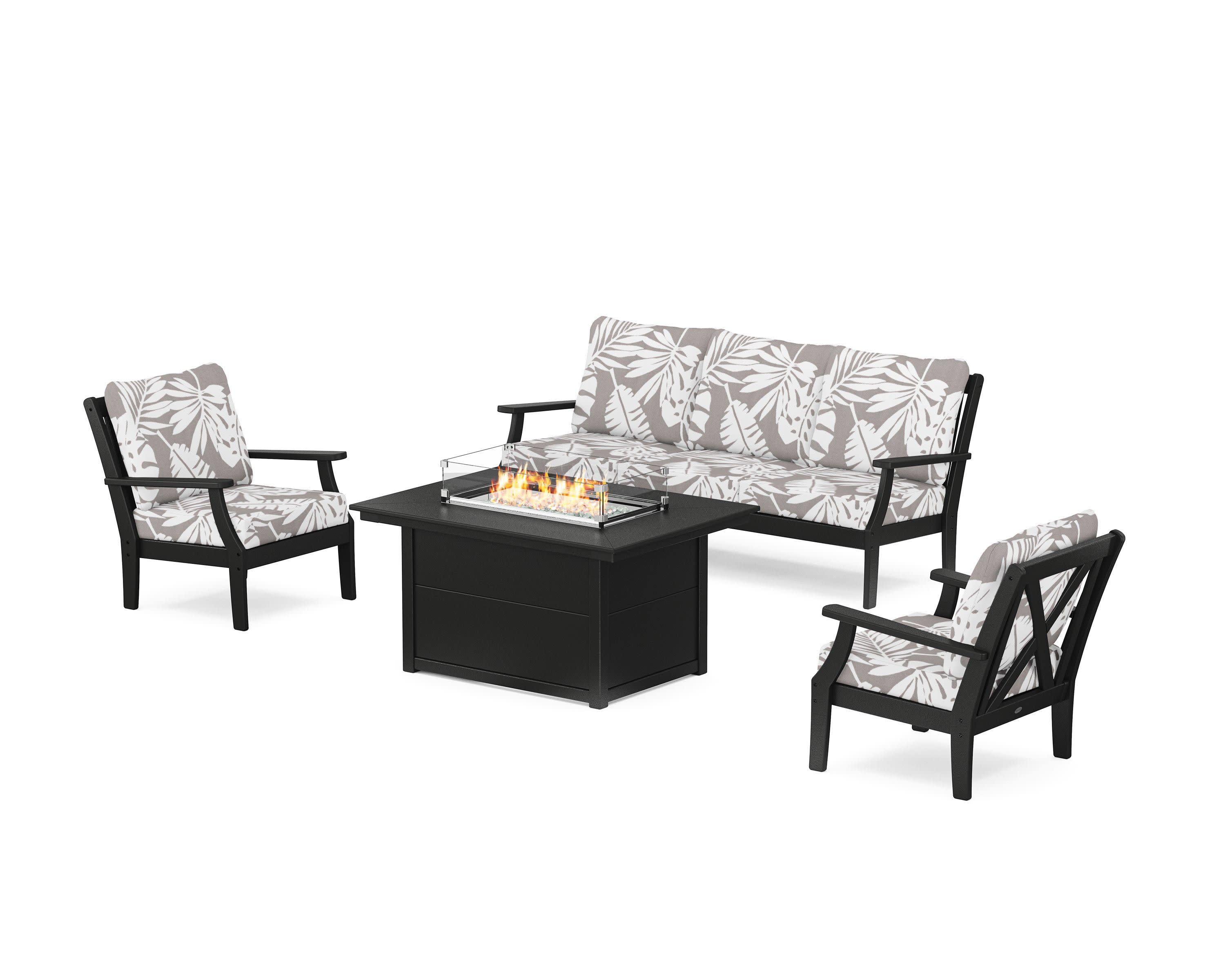 Braxton Deep Seating Fire Pit Table Set in Black / Leaf Grey Mist