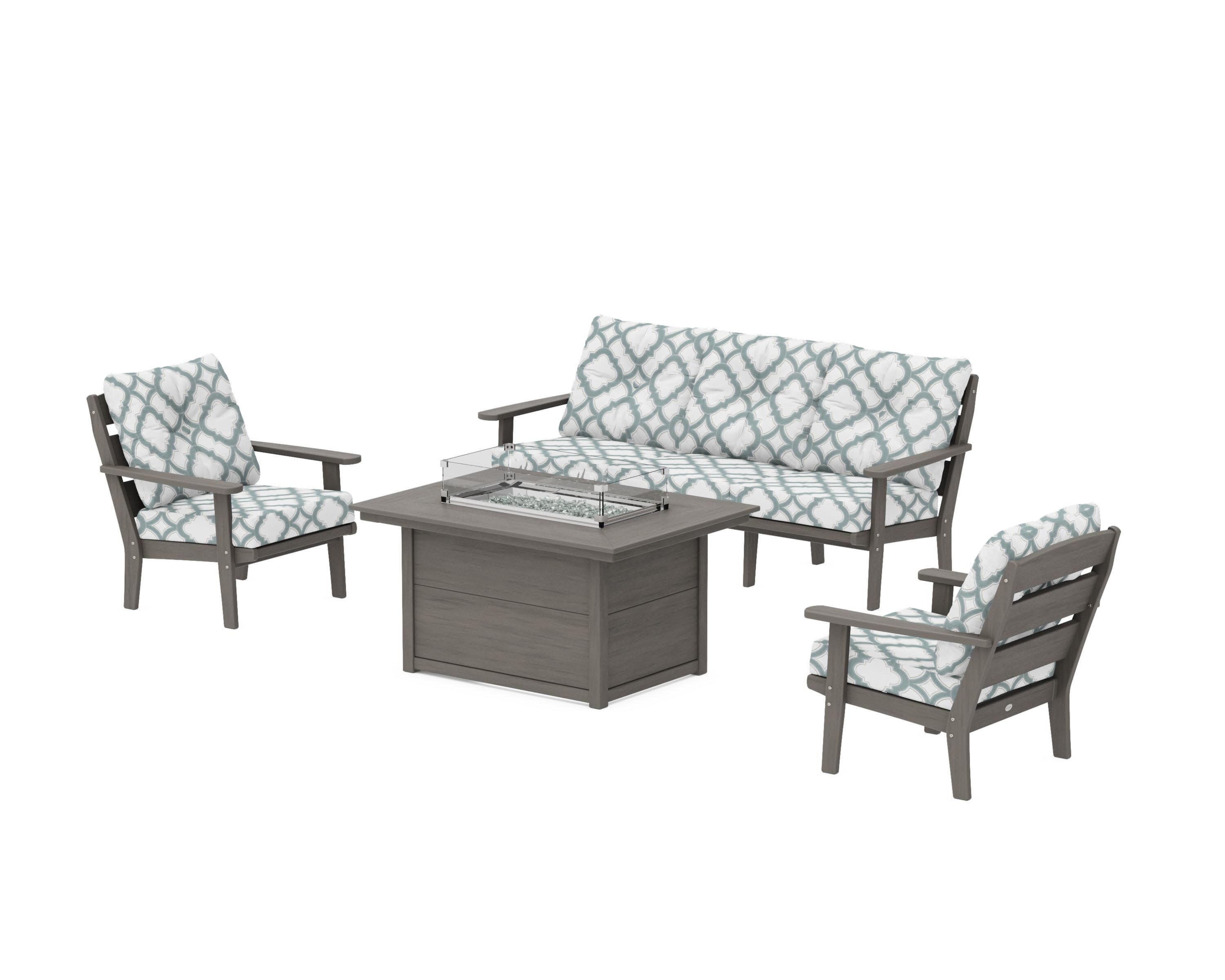 Lakeside Deep Seating Fire Pit Table Set in Driftwood / Trellis Glacier Spa