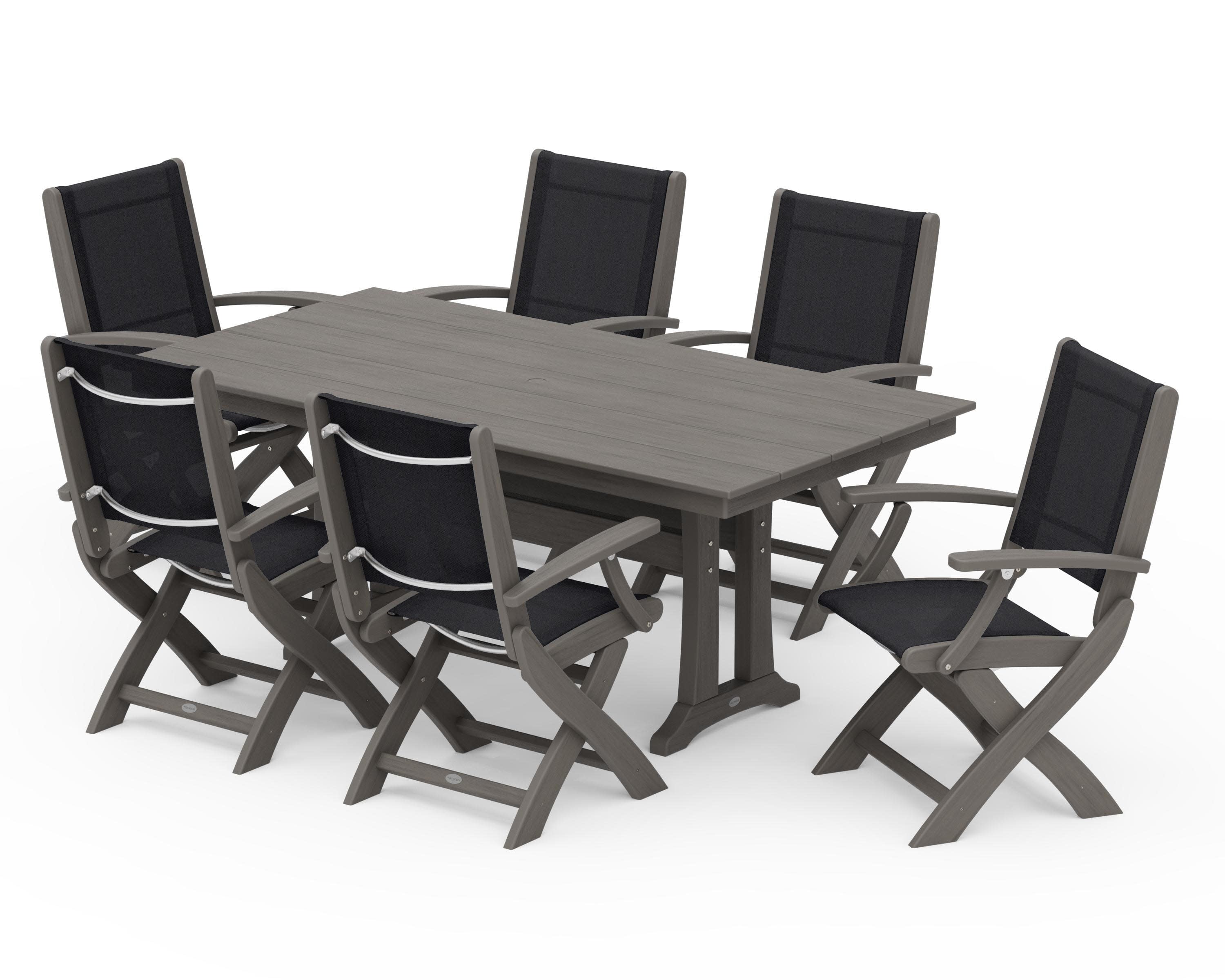 Coastal Folding Arm Chair 7-Piece Farmhouse Dining Set with Trestle Legs in Driftwood / Black Sling
