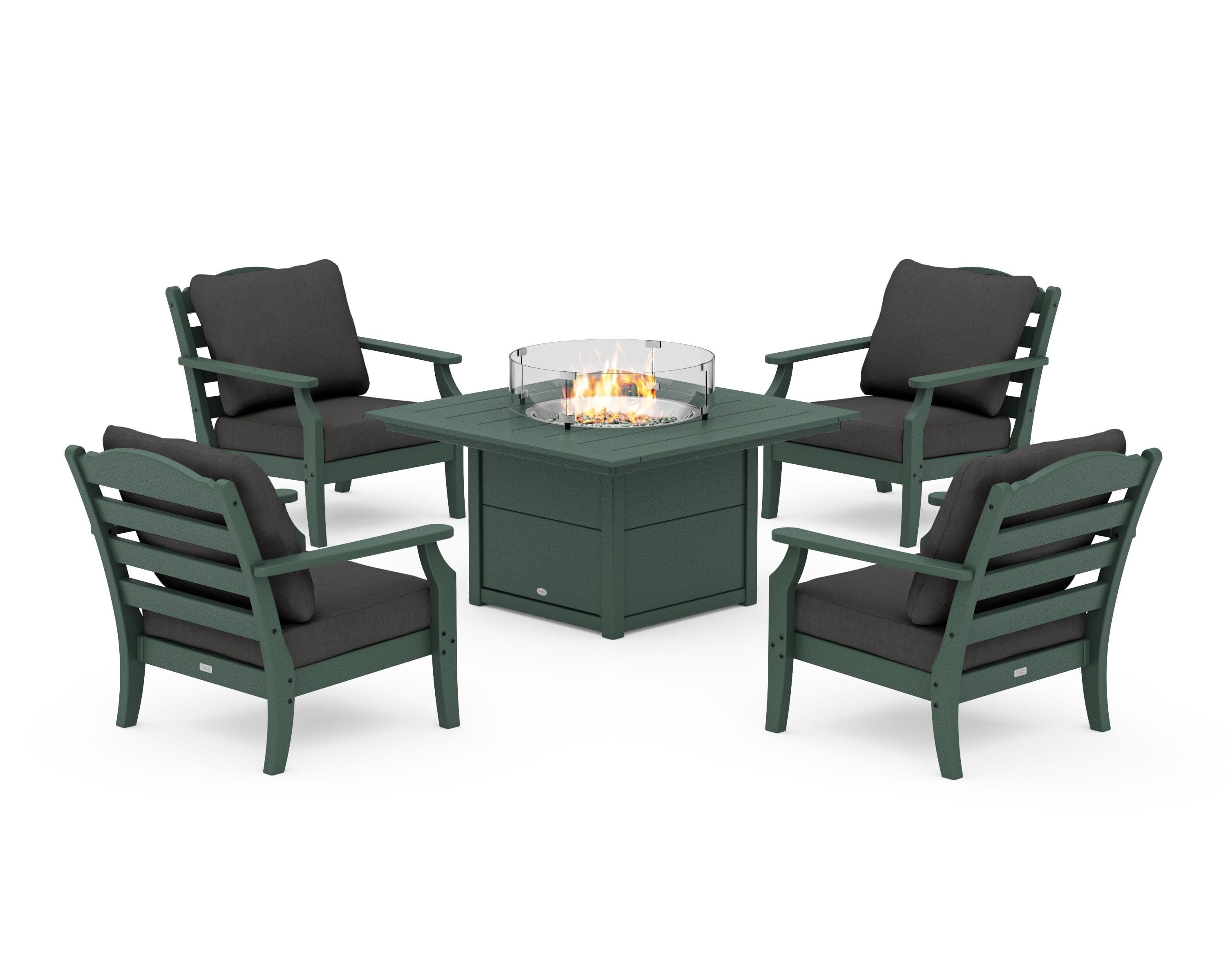 Savannah 5-Piece Deep Seating Set with Fire Pit Table in Green / Spectrum Carbon