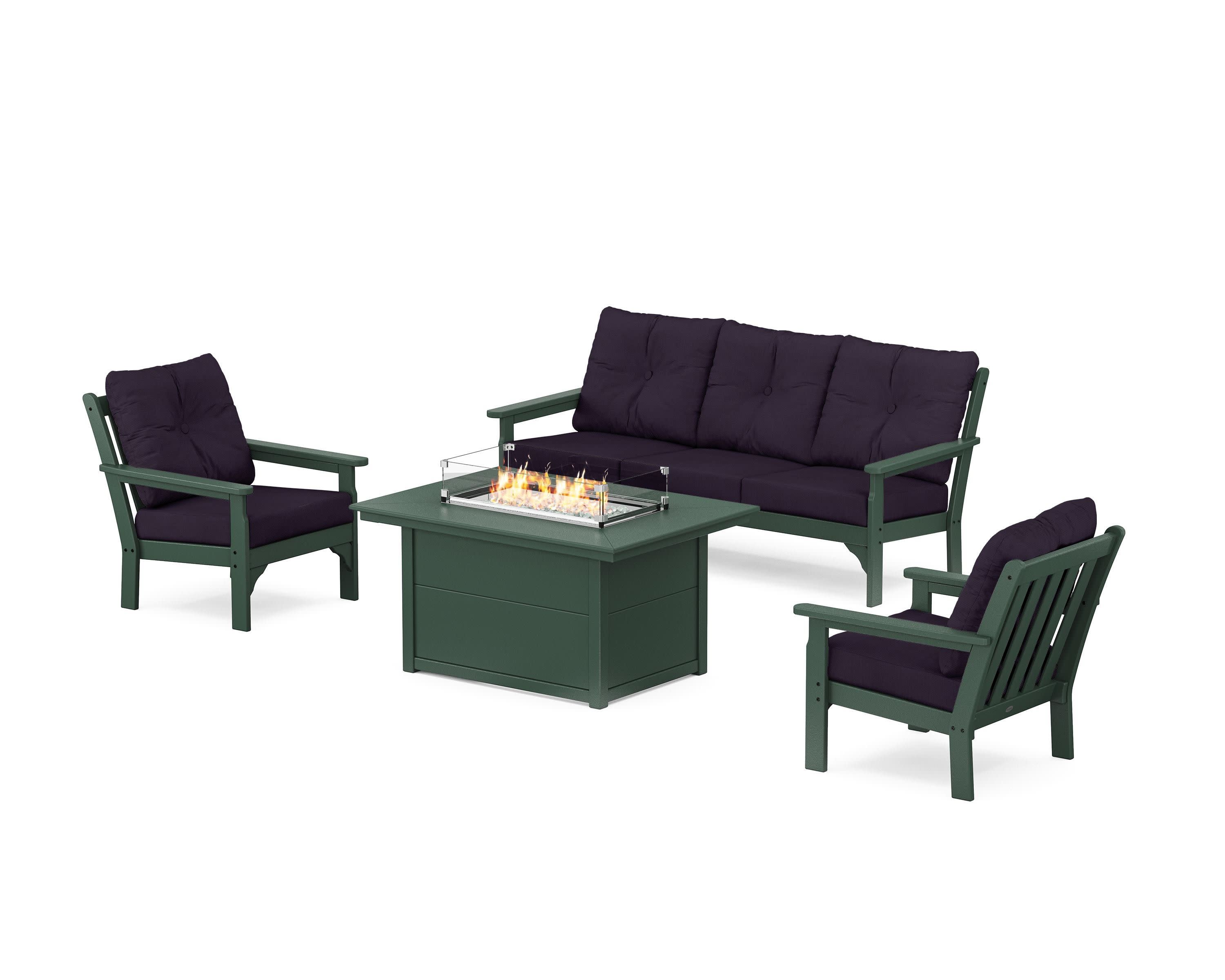 Vineyard Deep Seating Fire Pit Table Set in Green / Navy Linen