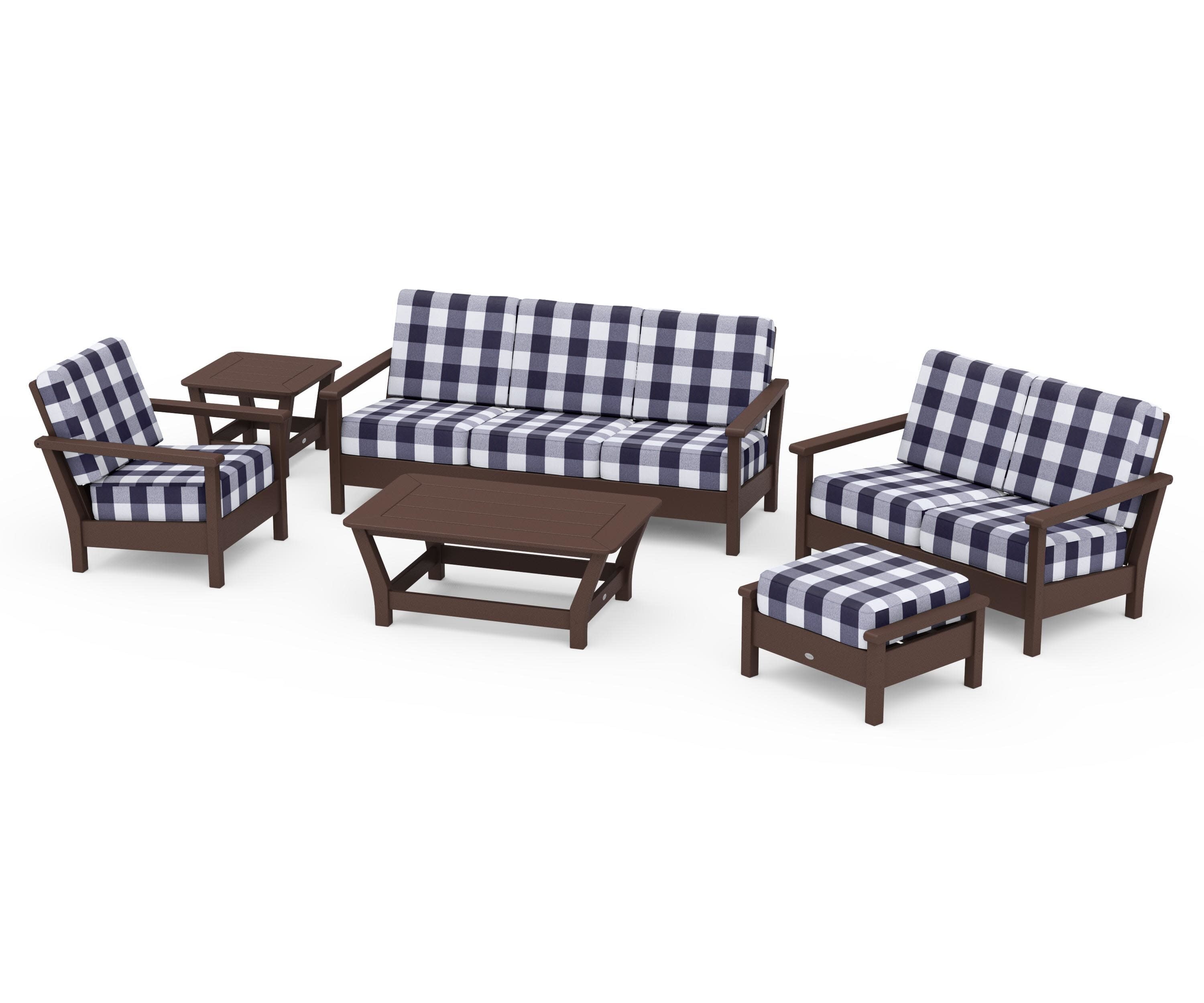 Harbour 6-Piece Outdoor Living Set in Mahogany / Buffalo Plaid Navy