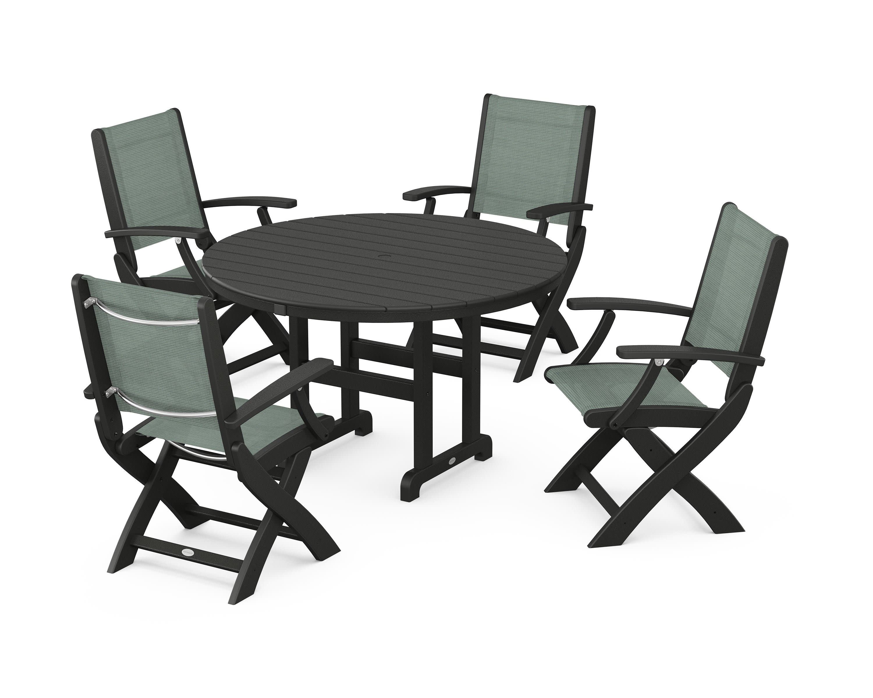 Coastal Folding Chair 5-Piece Round Dining Set in Black / Dupioni Sea Mist Sling