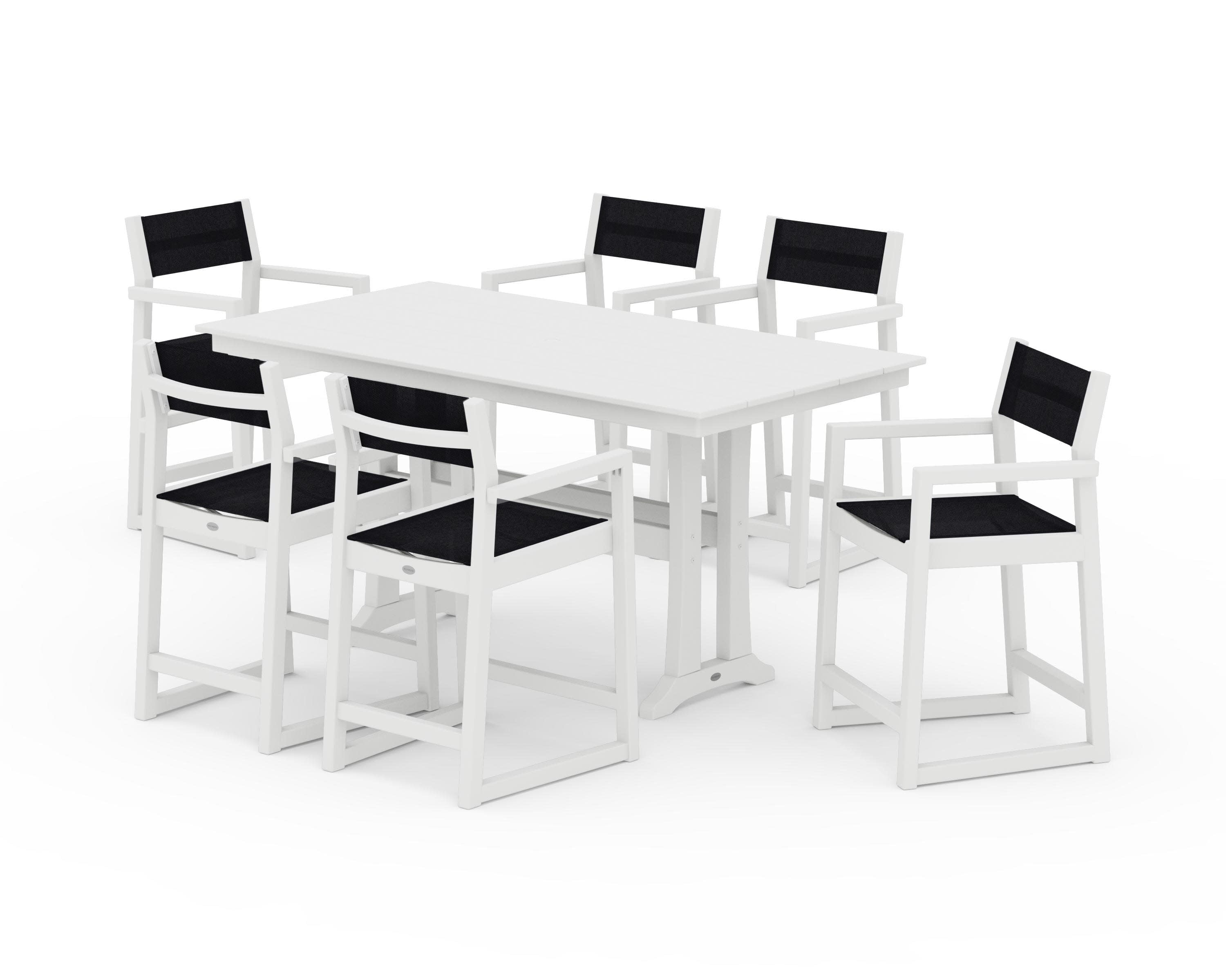 EDGE Sling Arm Chair 7-Piece Farmhouse Counter Set with Trestle Legs in White / Black Sling