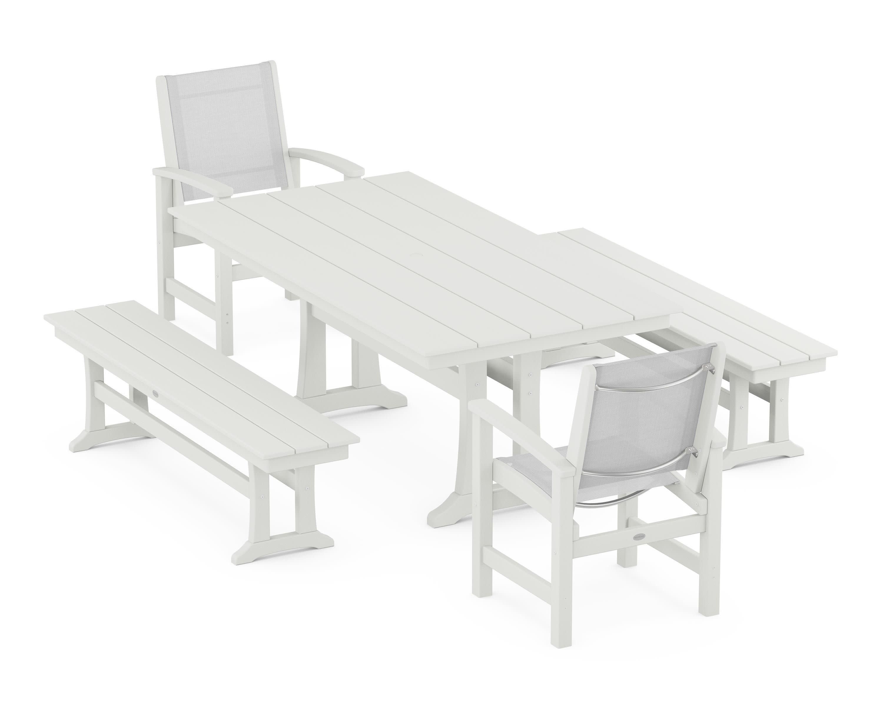 Coastal 5-Piece Farmhouse Dining Set with Trestle Legs and Benches in Vintage White / White Sling