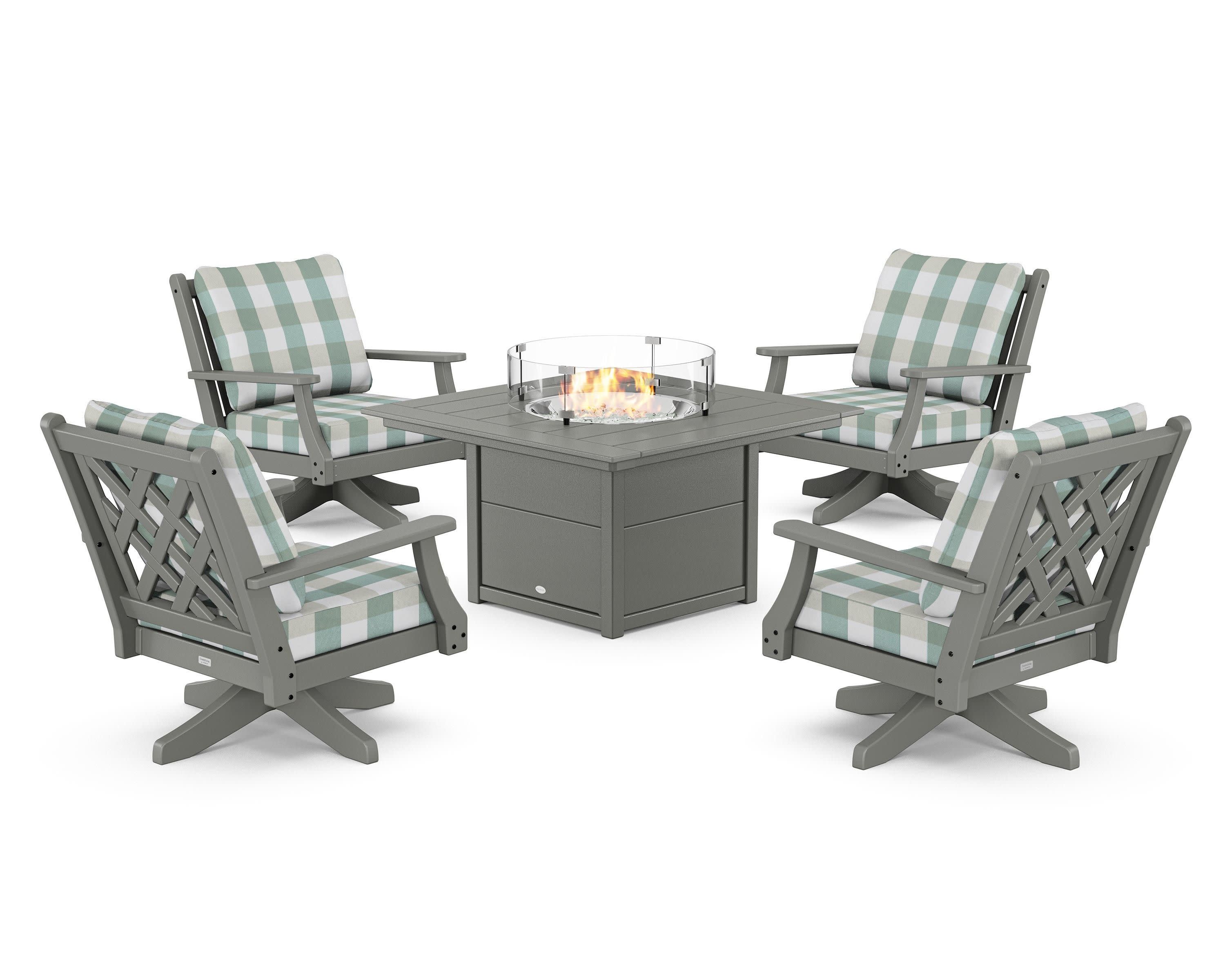 Wovendale 5-Piece Deep Seating Swivel Conversation Set with Fire Pit Table in Slate Grey / Buffalo Plaid Glacier Spa