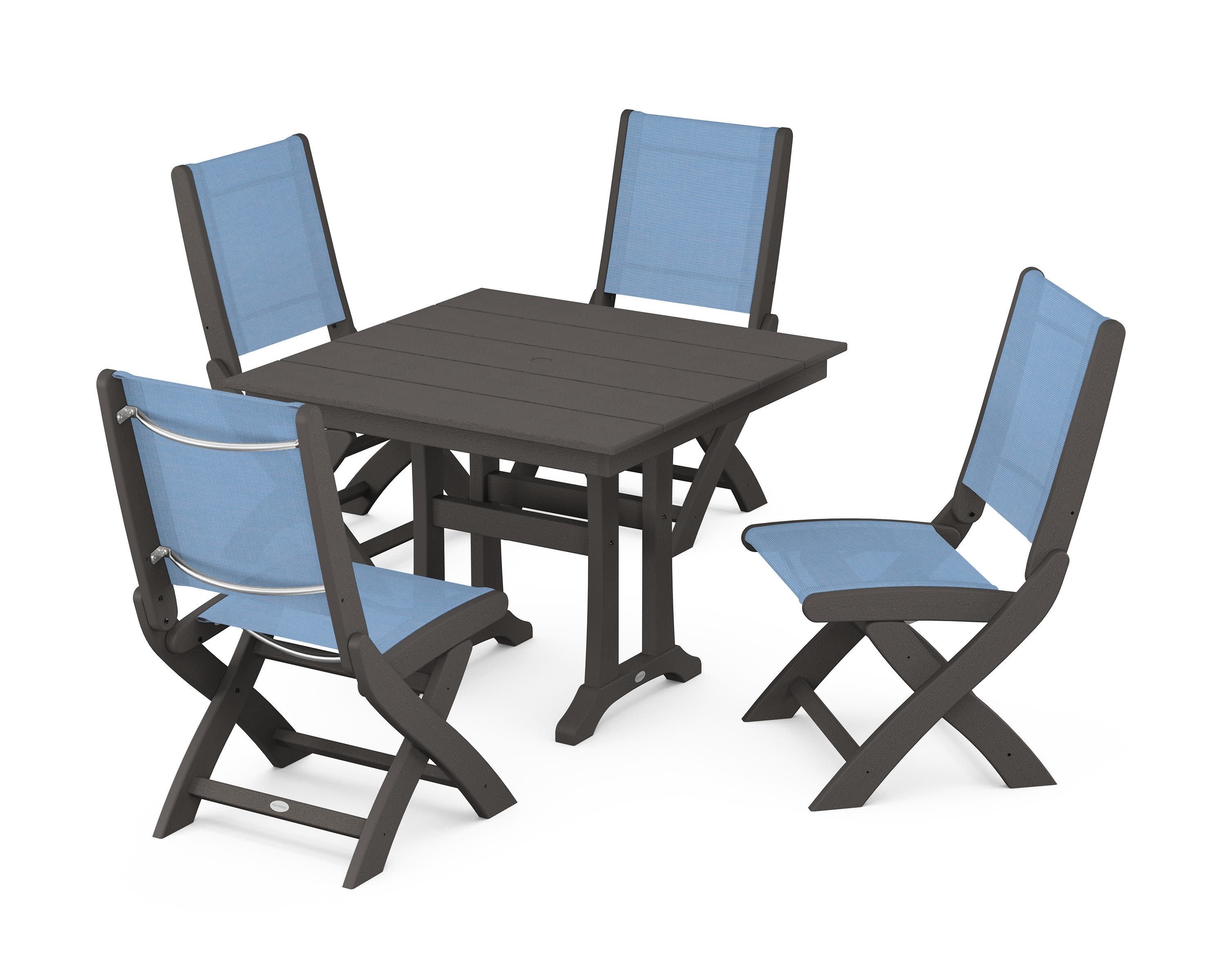 Coastal Folding Side Chair 5-Piece Farmhouse Dining Set With Trestle Legs in Vintage Coffee / Poolside Sling