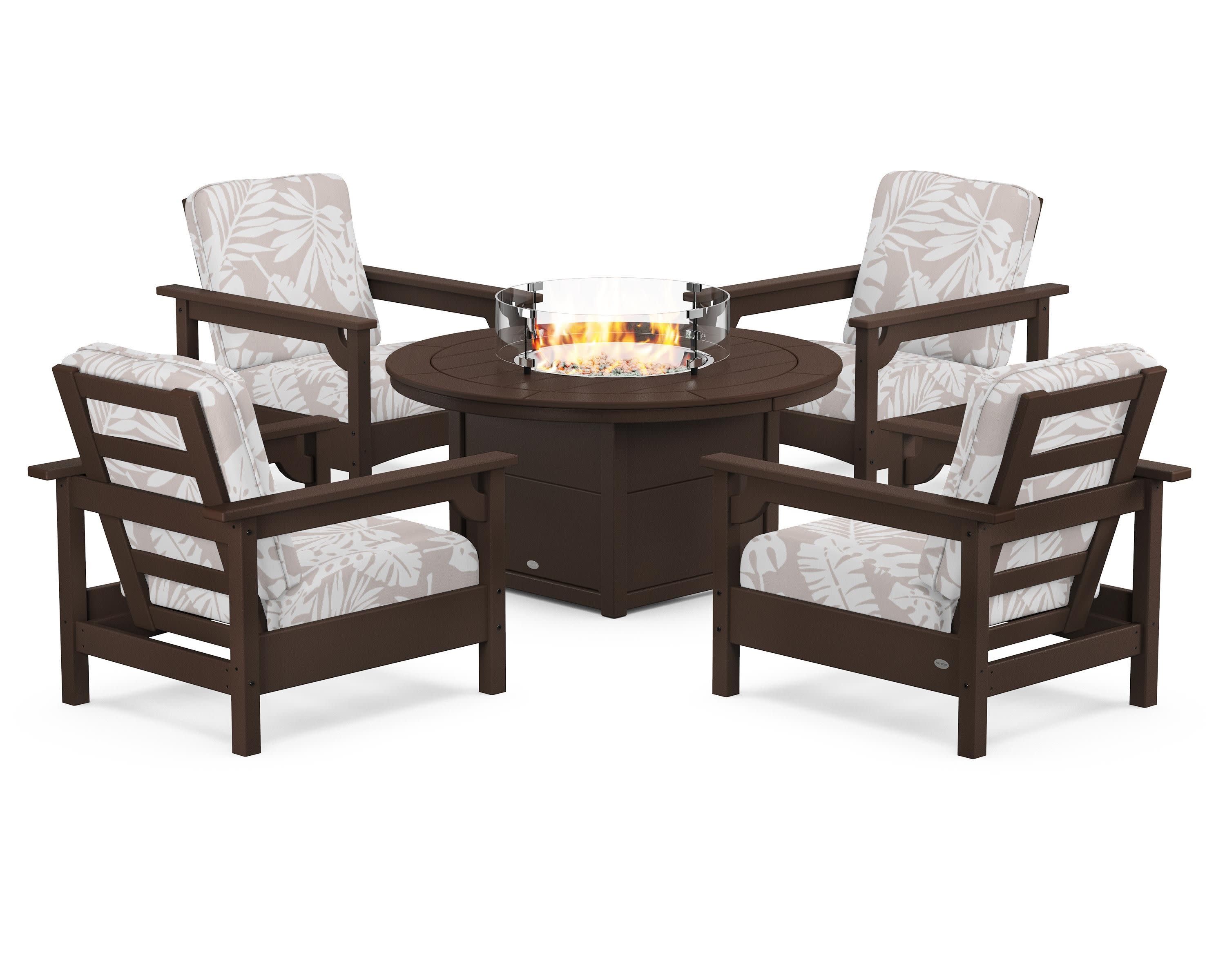 Club 5-Piece Conversation Set with Fire Pit Table in Mahogany / Leaf Dune Burlap
