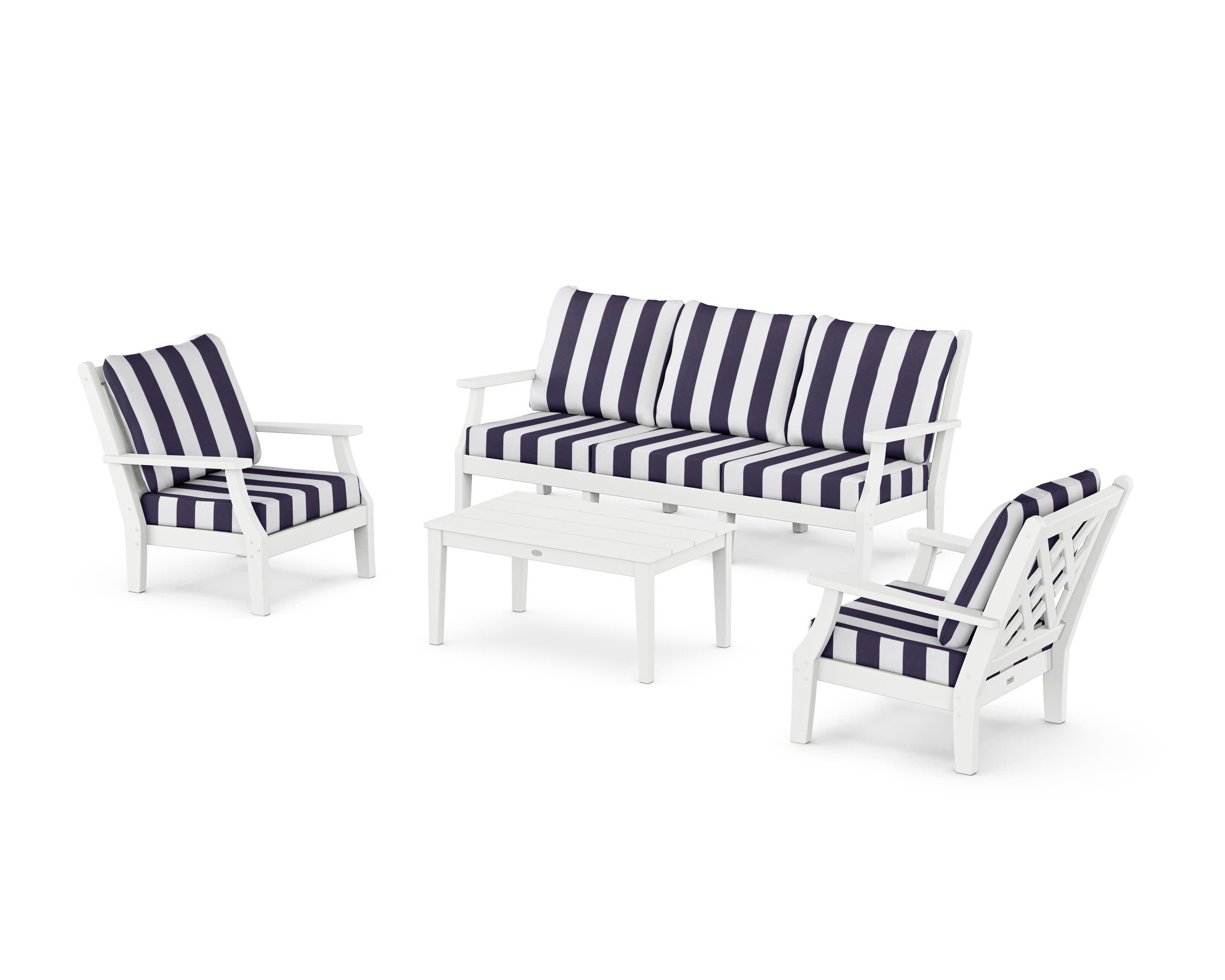 Wovendale 4-Piece Deep Seating Set with Sofa in White / Cabana Stripe Navy