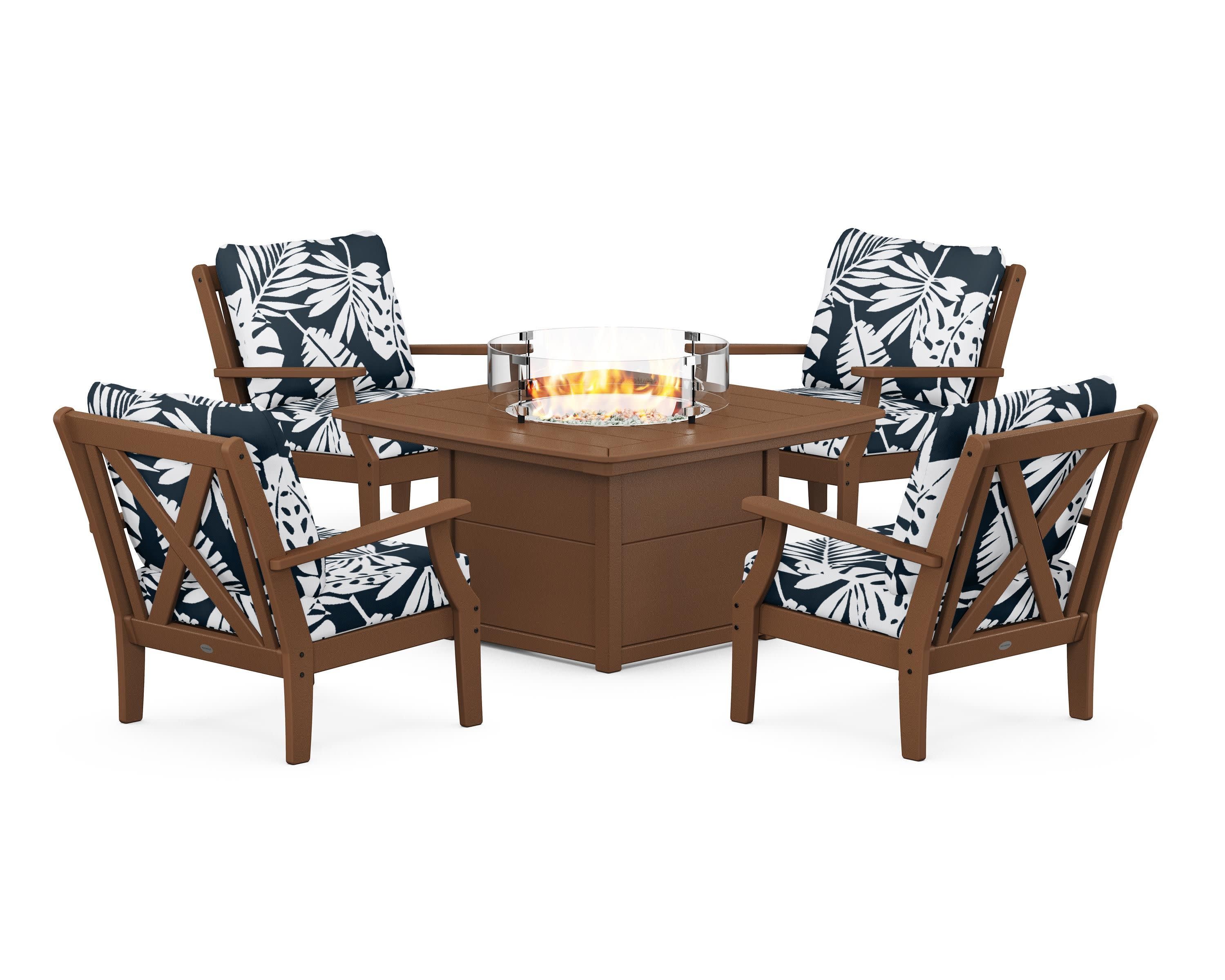 Braxton 5-Piece Deep Seating Conversation Set with Fire Pit Table in Teak / Leaf Marine Indigo