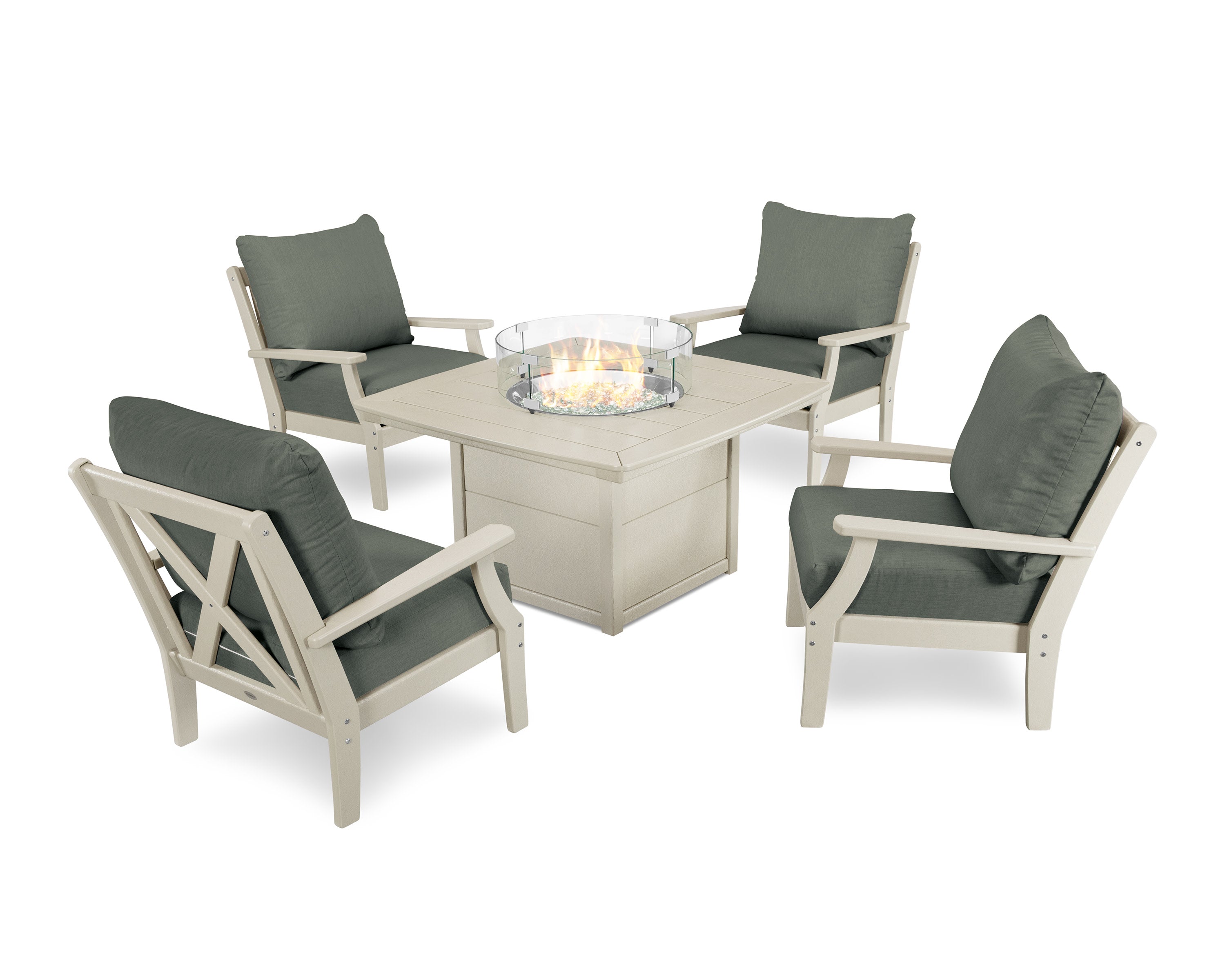 Braxton 5-Piece Deep Seating Conversation Set with Fire Pit Table in Sand / Cast Sage