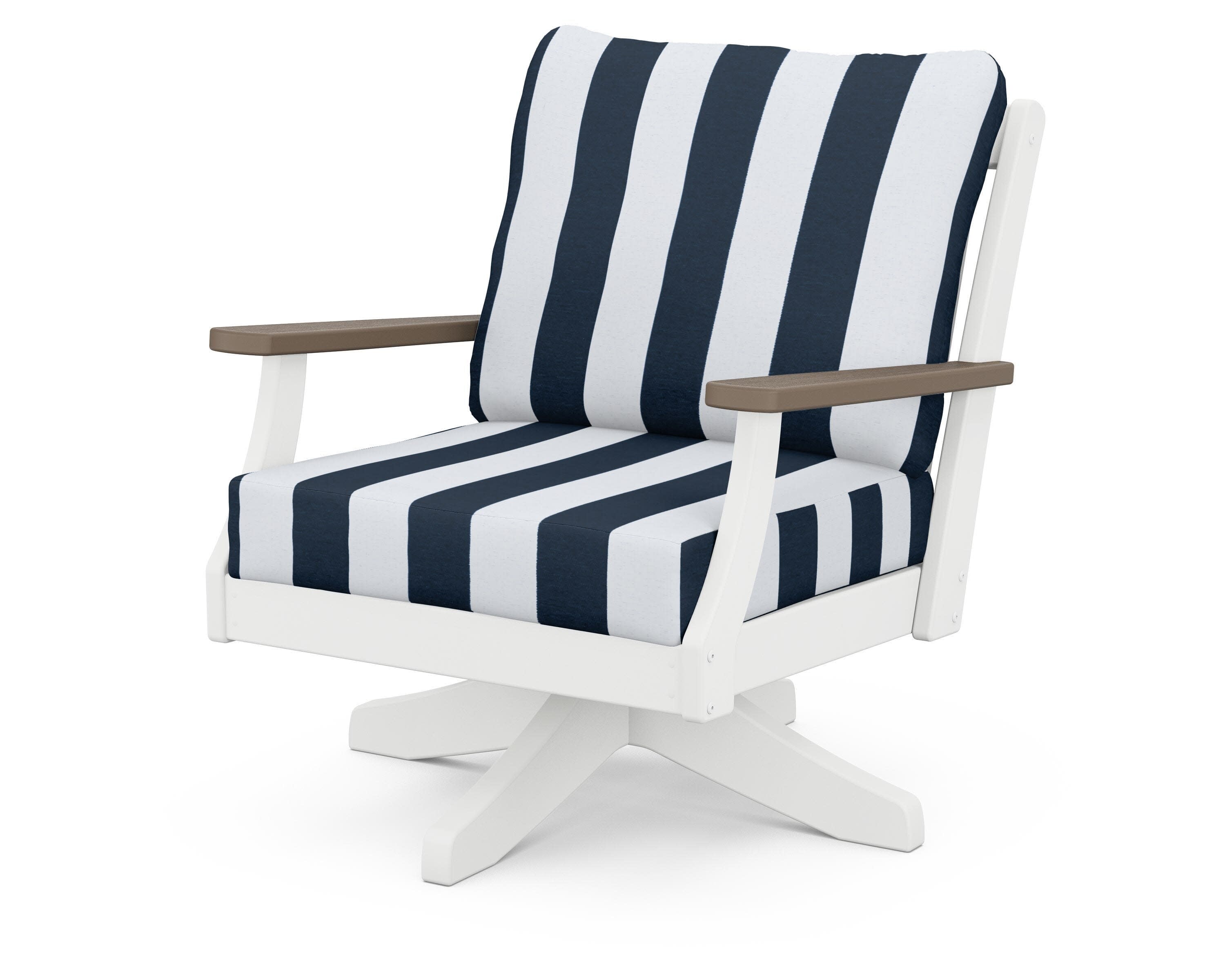 Braxton Deep Seating Swivel Chair in White / Kona / Cabana Stripe Marine Indigo