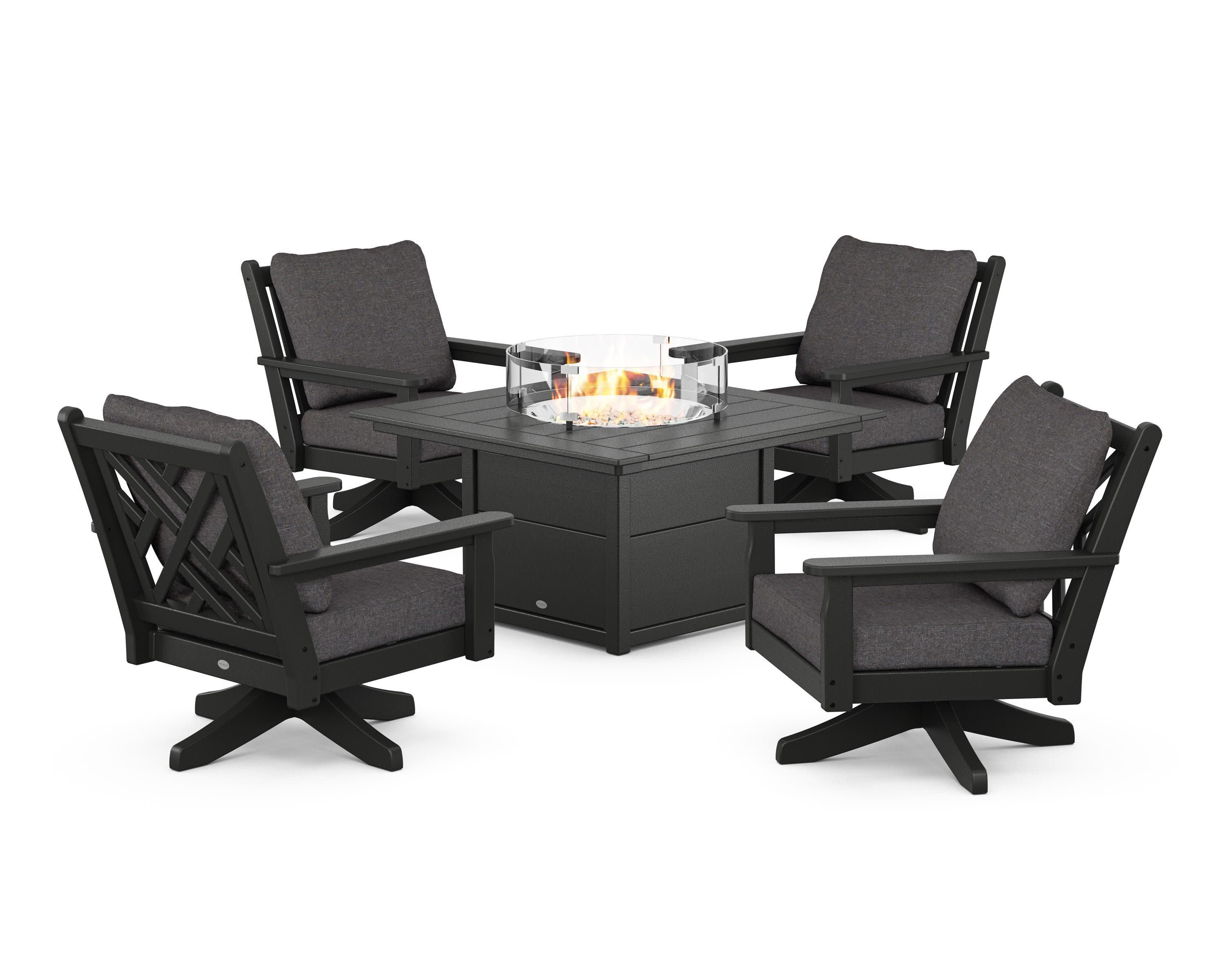 Chippendale 5-Piece Deep Seating Swivel Conversation Set with Fire Pit Table in Black / Ash Charcoal
