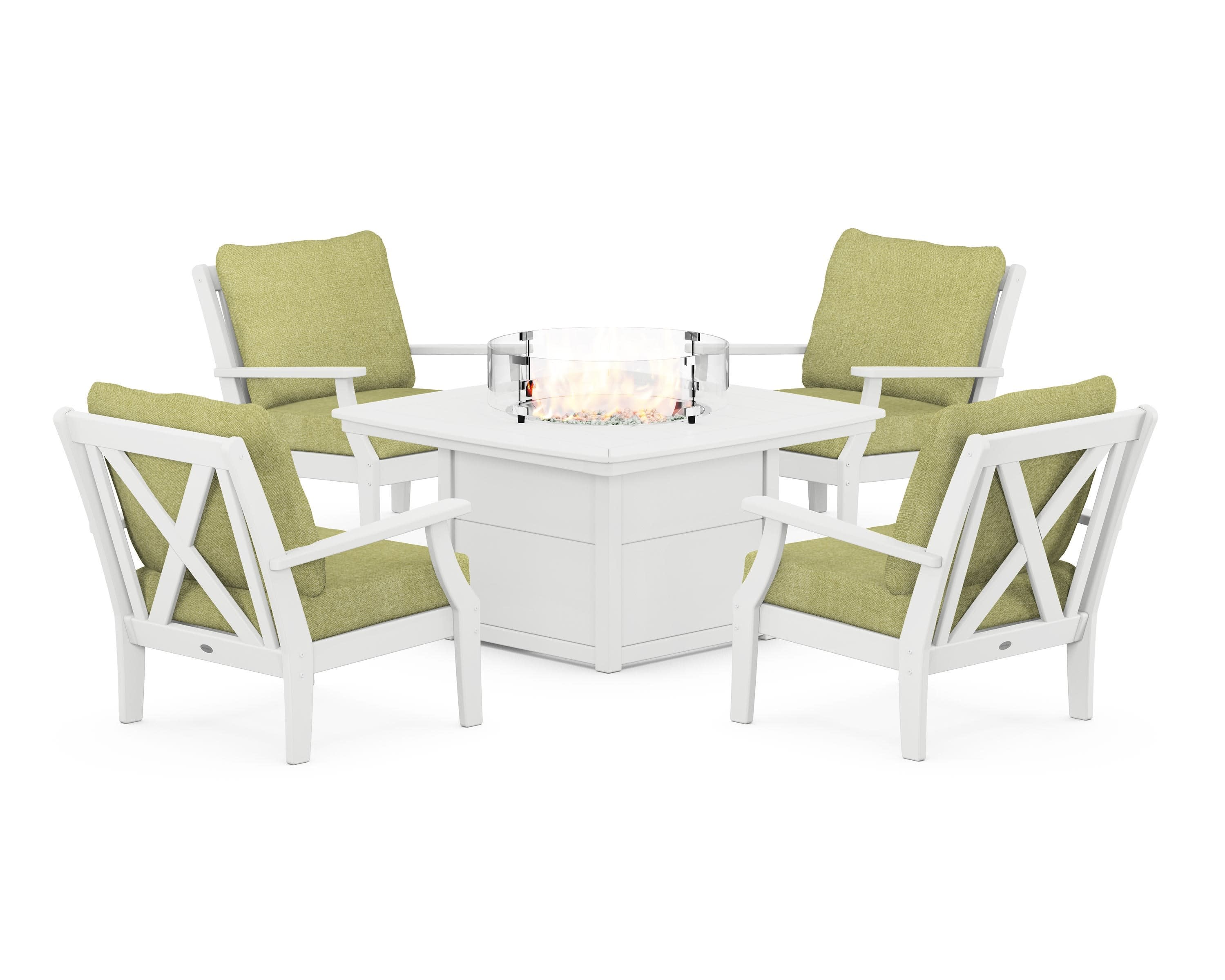Braxton 5-Piece Deep Seating Conversation Set with Fire Pit Table in White / Chartreuse Boucle