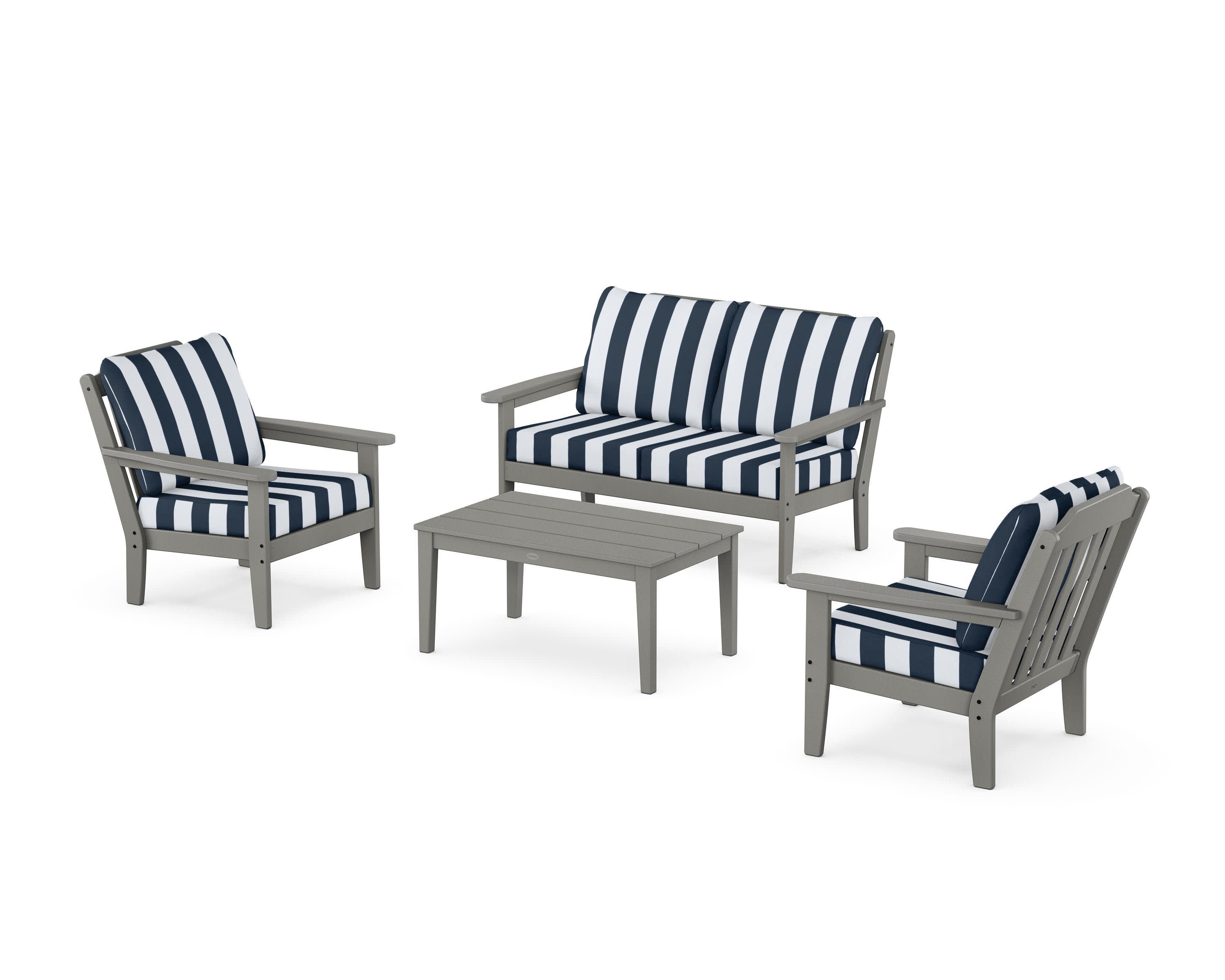 Cottage 4-Piece Deep Seating Set with Loveseat in Slate Grey / Cabana Stripe Marine Indigo