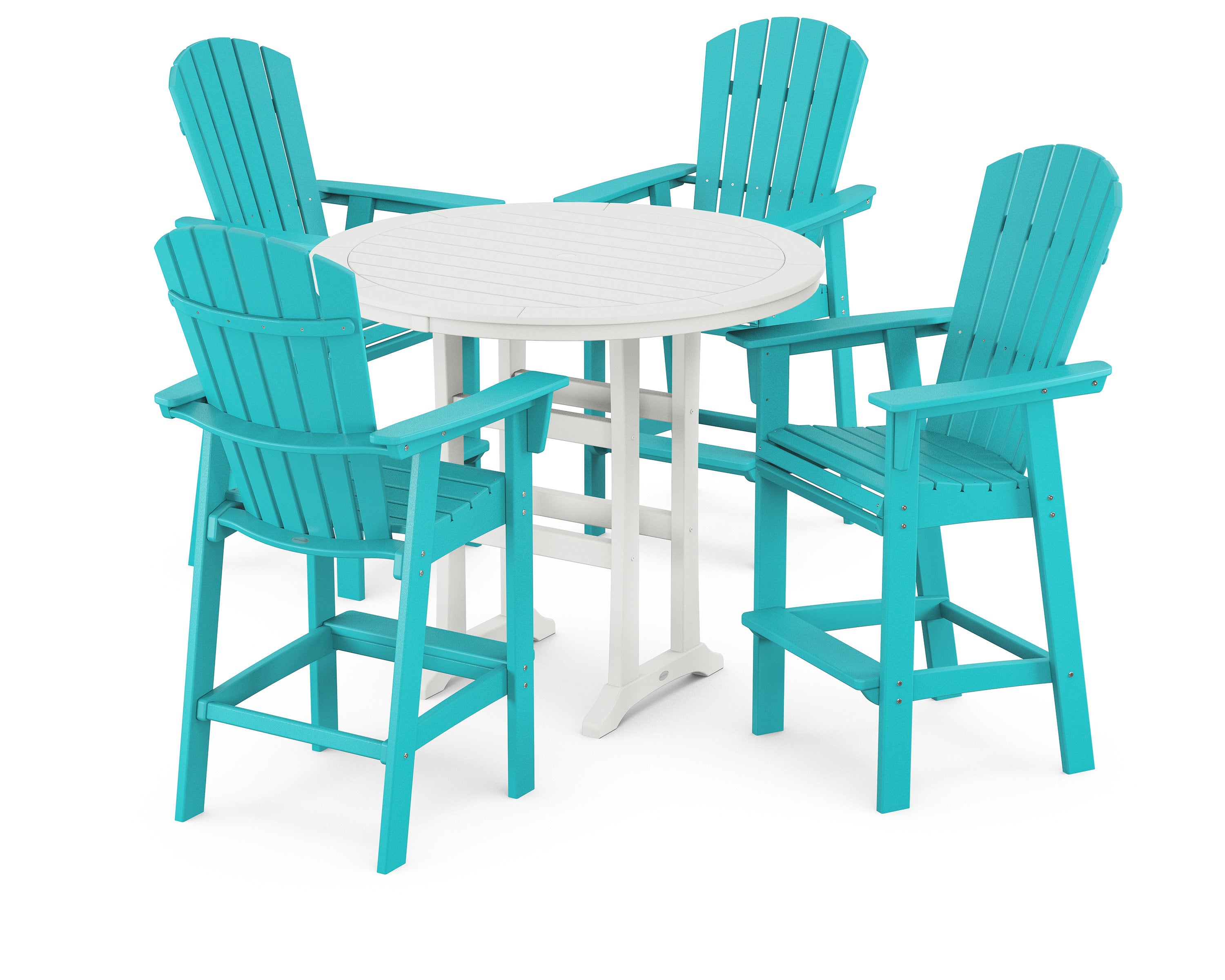 Nautical Curveback Adirondack 5-Piece Round Trestle Bar Set in Aruba / White