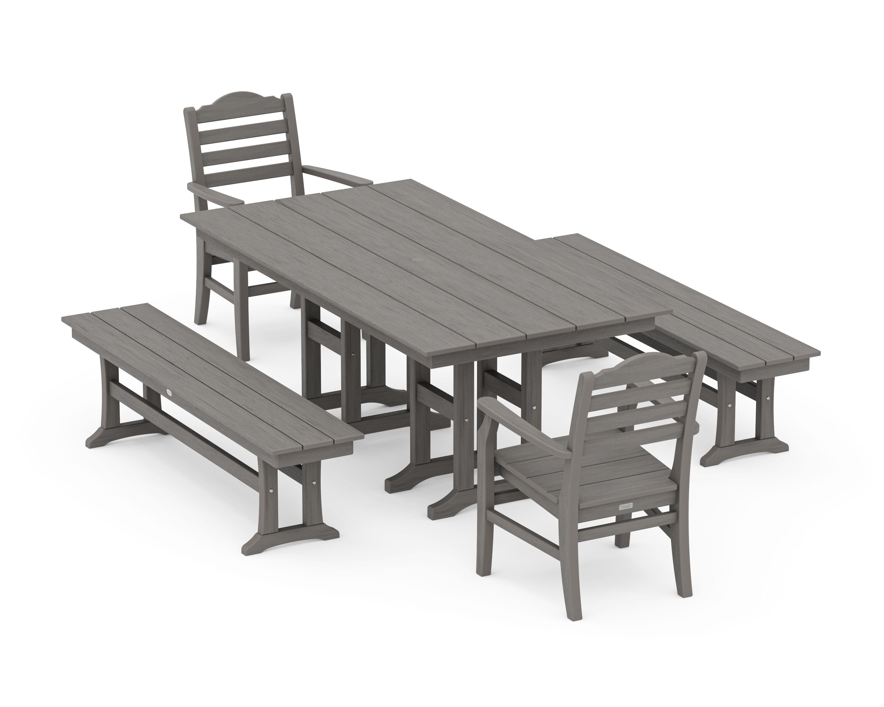 Savannah 5-Piece Farmhouse Dining Set with Benches in Driftwood