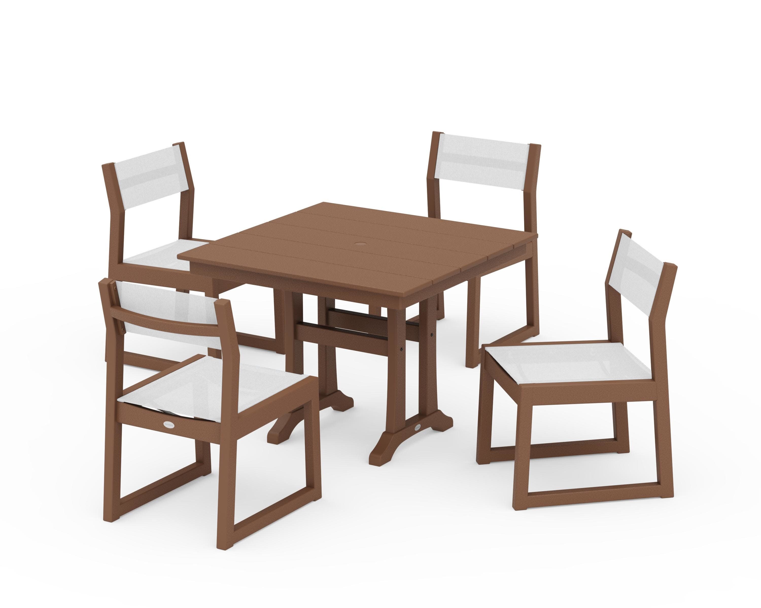 EDGE Sling 5-Piece Farmhouse Trestle Side Chair Dining Set in Teak / White Sling