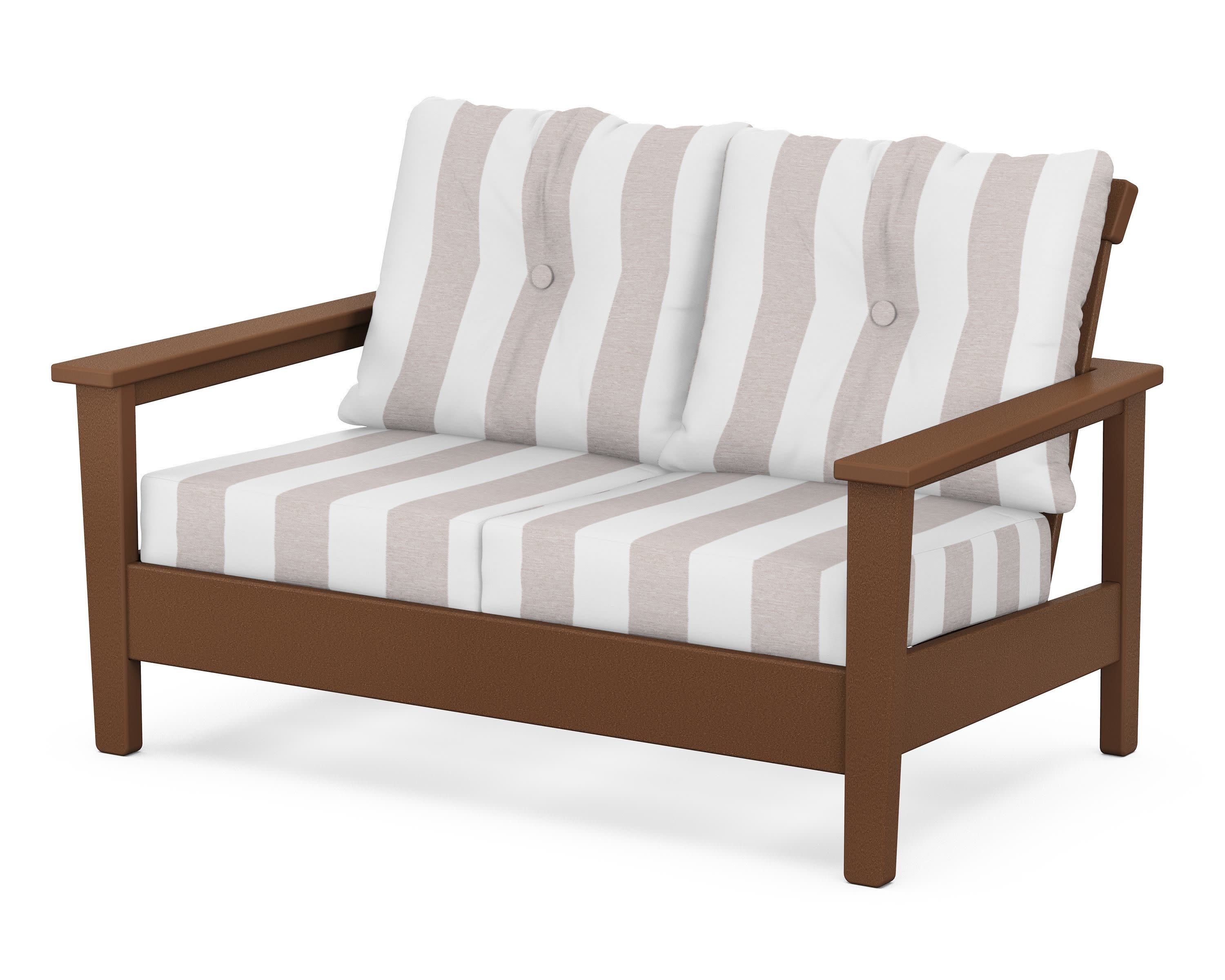 Prescott Deep Seating Loveseat in Teak / Cabana Stripe Dune Burlap