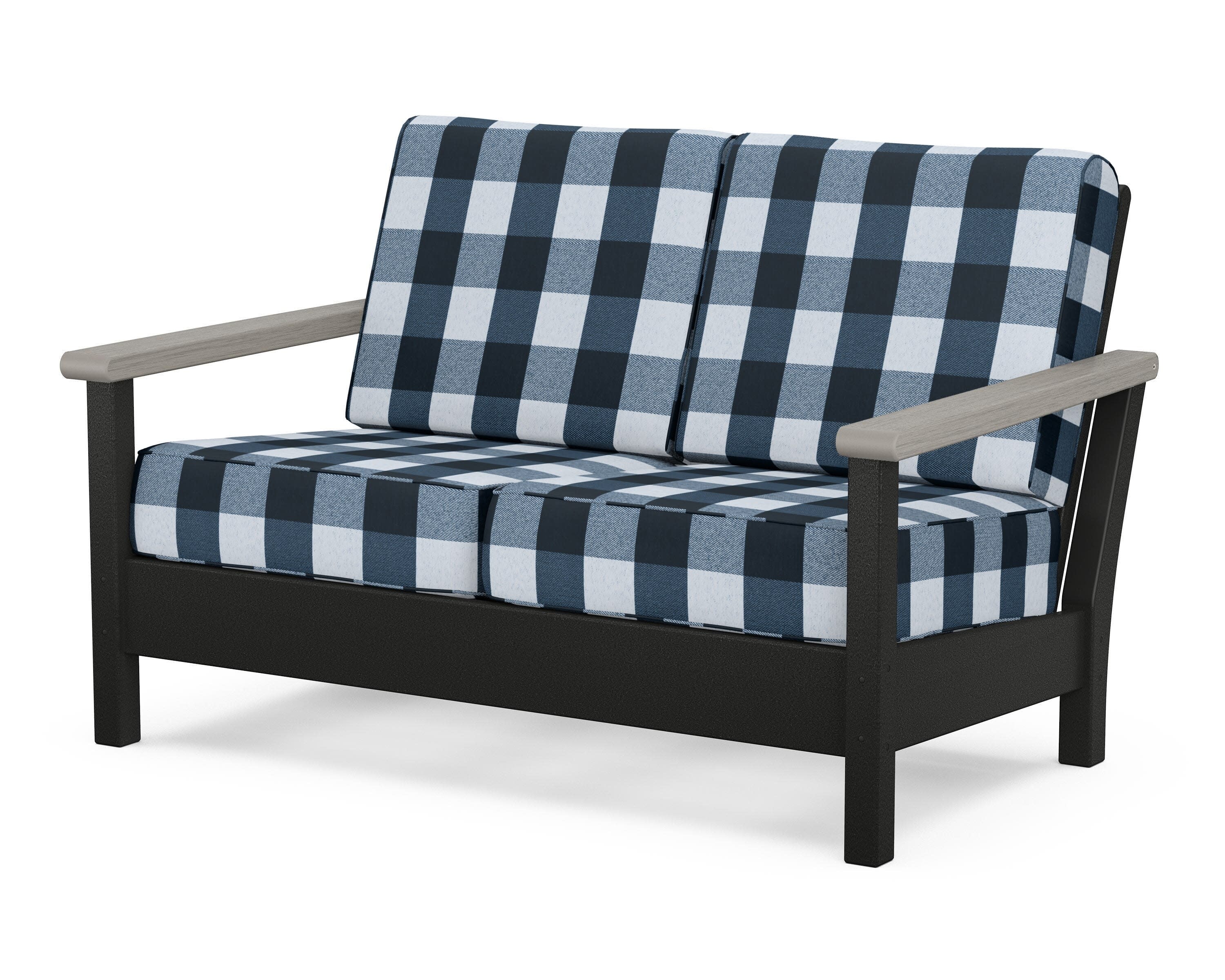 Harbour Deep Seating Loveseat in Black / Driftwood / Buffalo Plaid Marine Indigo