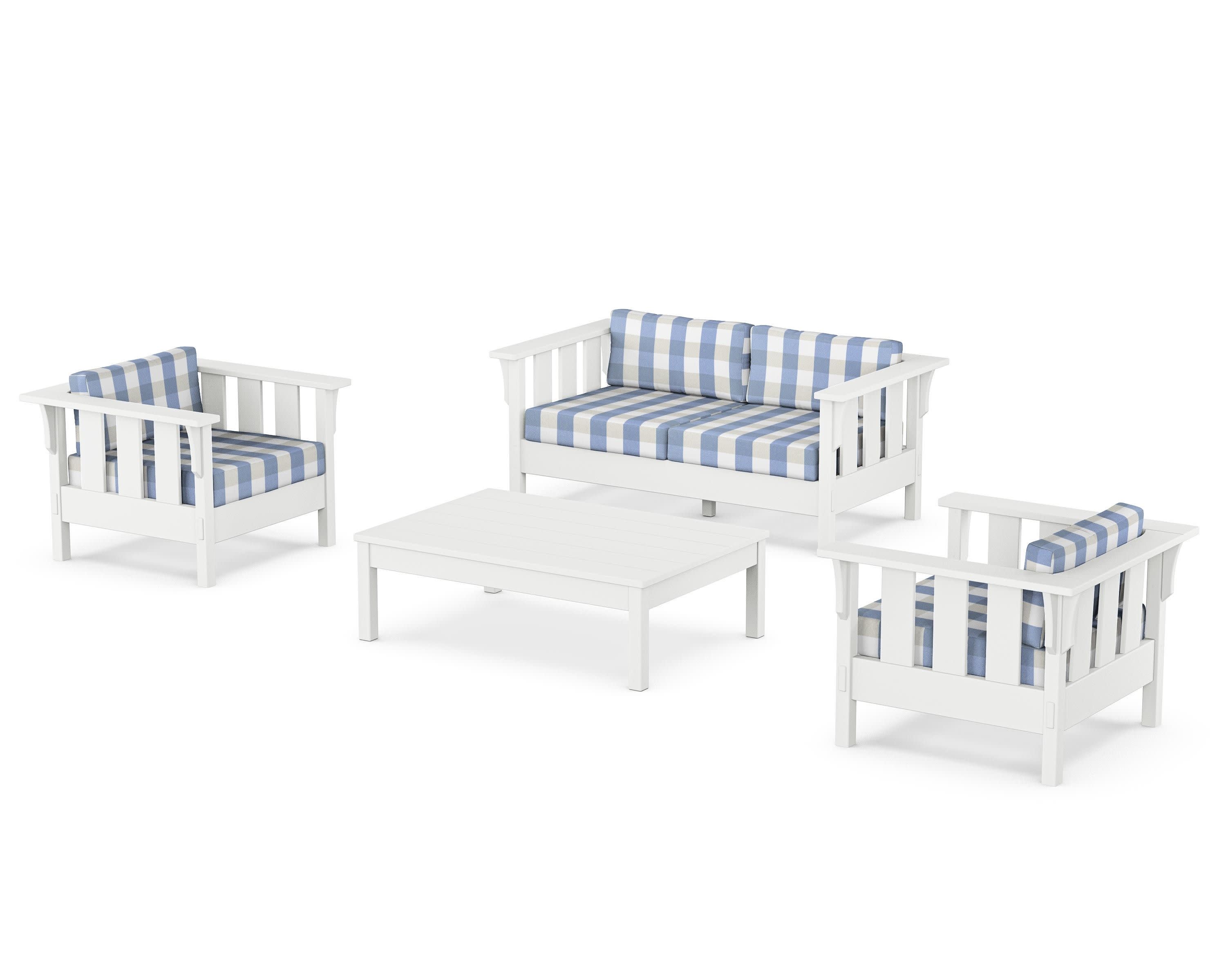 Acadia 4-Piece Deep Seating Set with Loveseat in White / Buffalo Plaid Sky Blue
