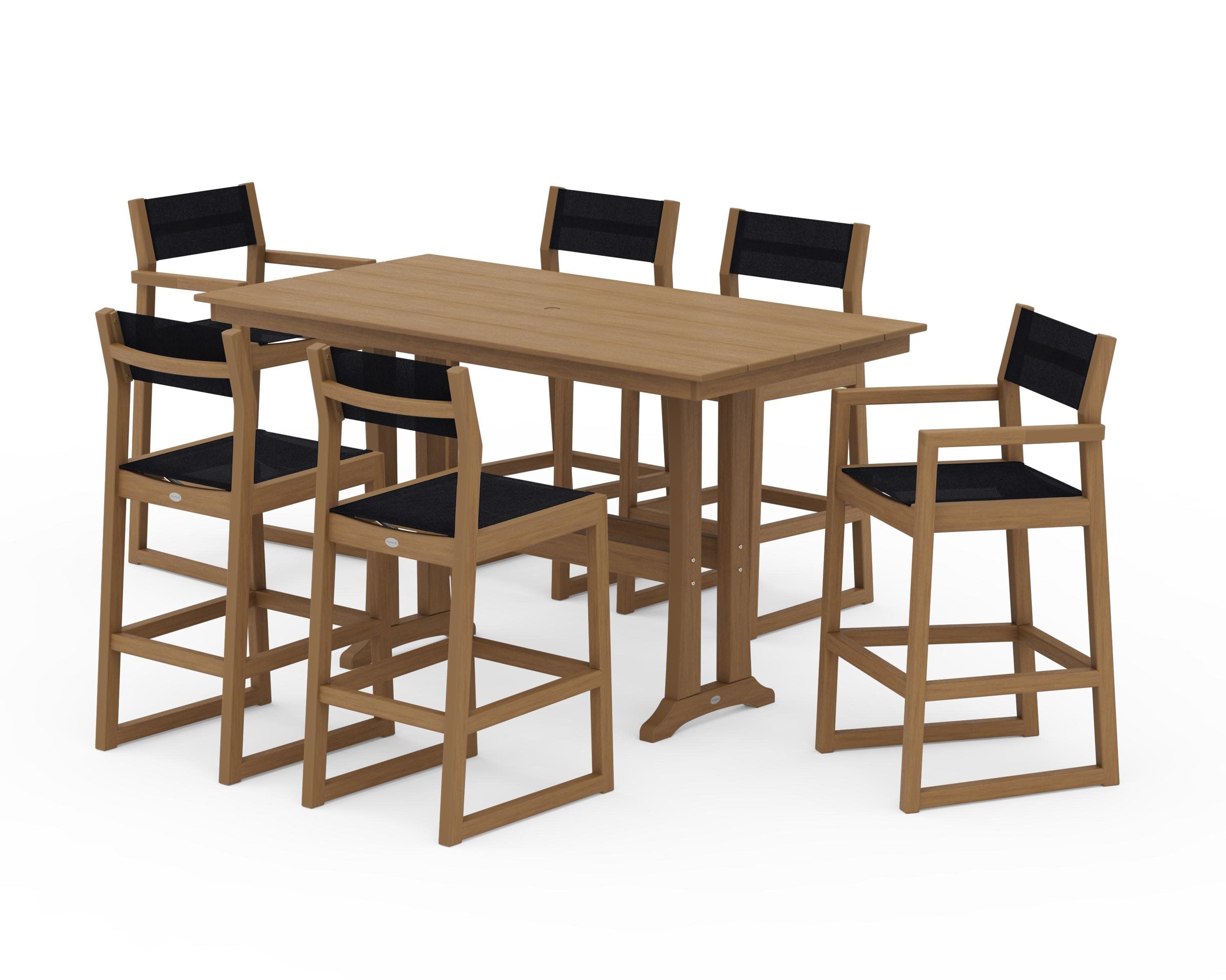 EDGE Sling 7-Piece Farmhouse Bar Set with Trestle Legs in Natural / Black Sling