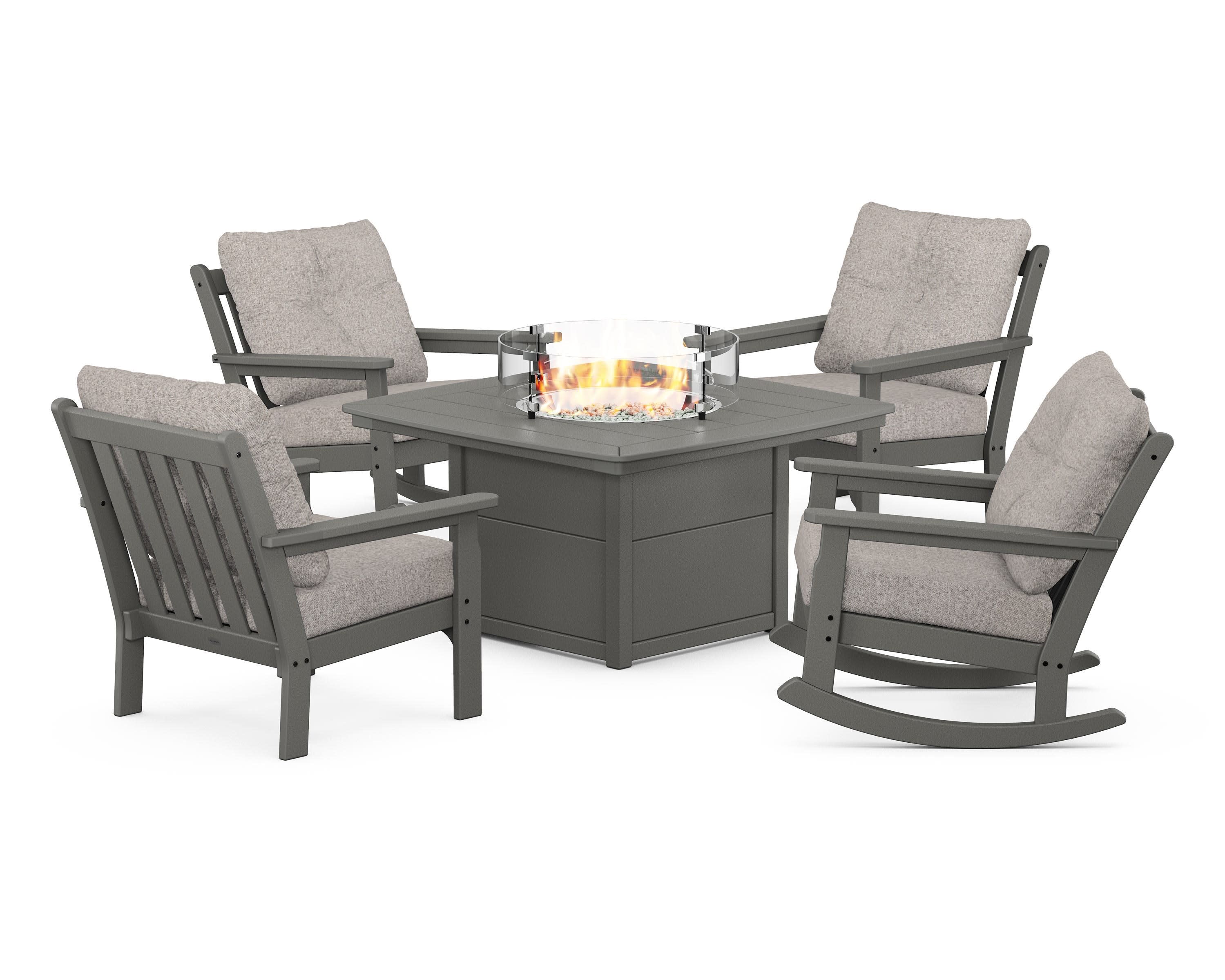 Vineyard 5-Piece Deep Seating Rocking Chair Conversation Set with Fire Pit Table in Slate Grey / Weathered Tweed