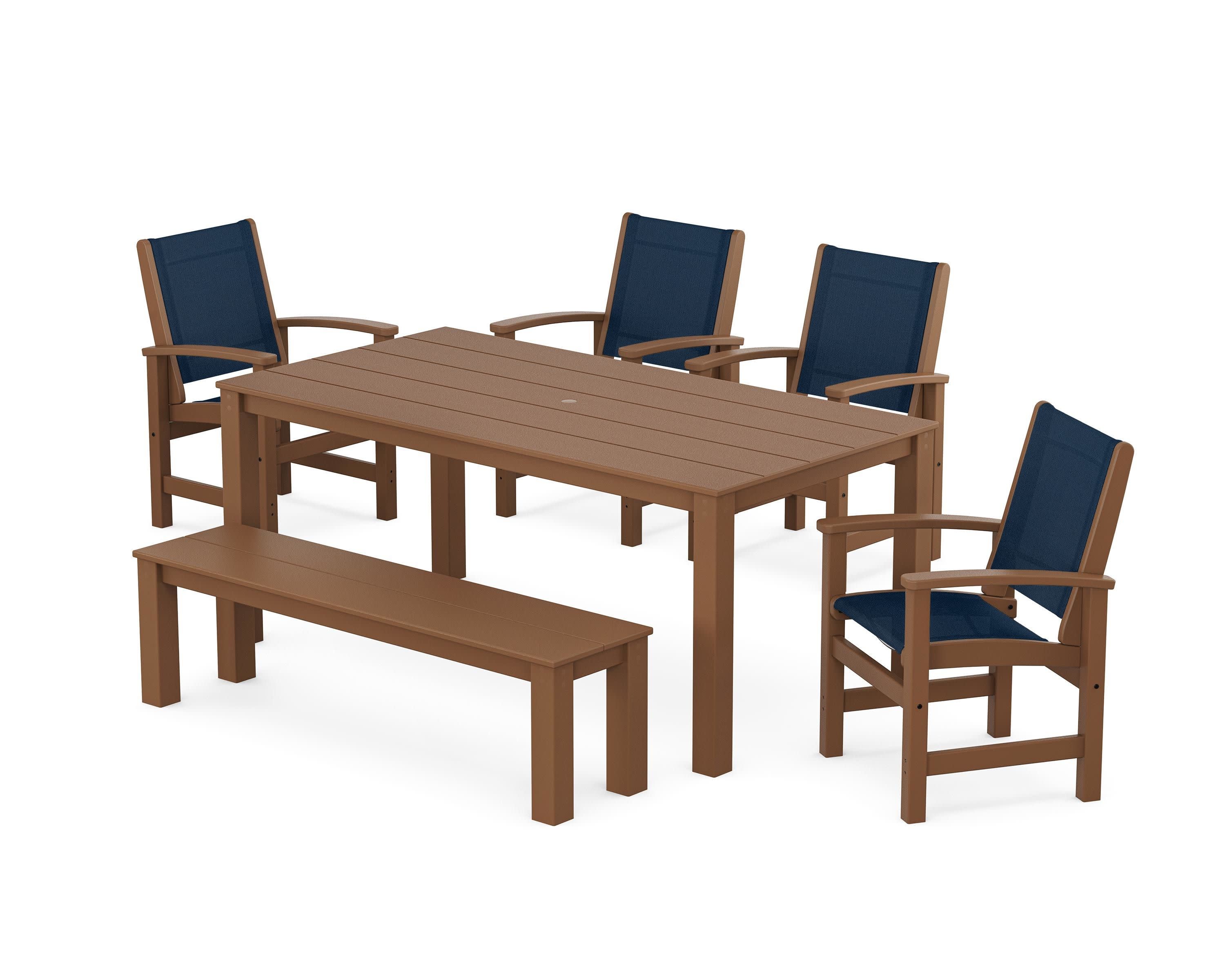 Coastal 6-Piece Parsons Dining Set with Bench in Teak / Navy Blue Sling