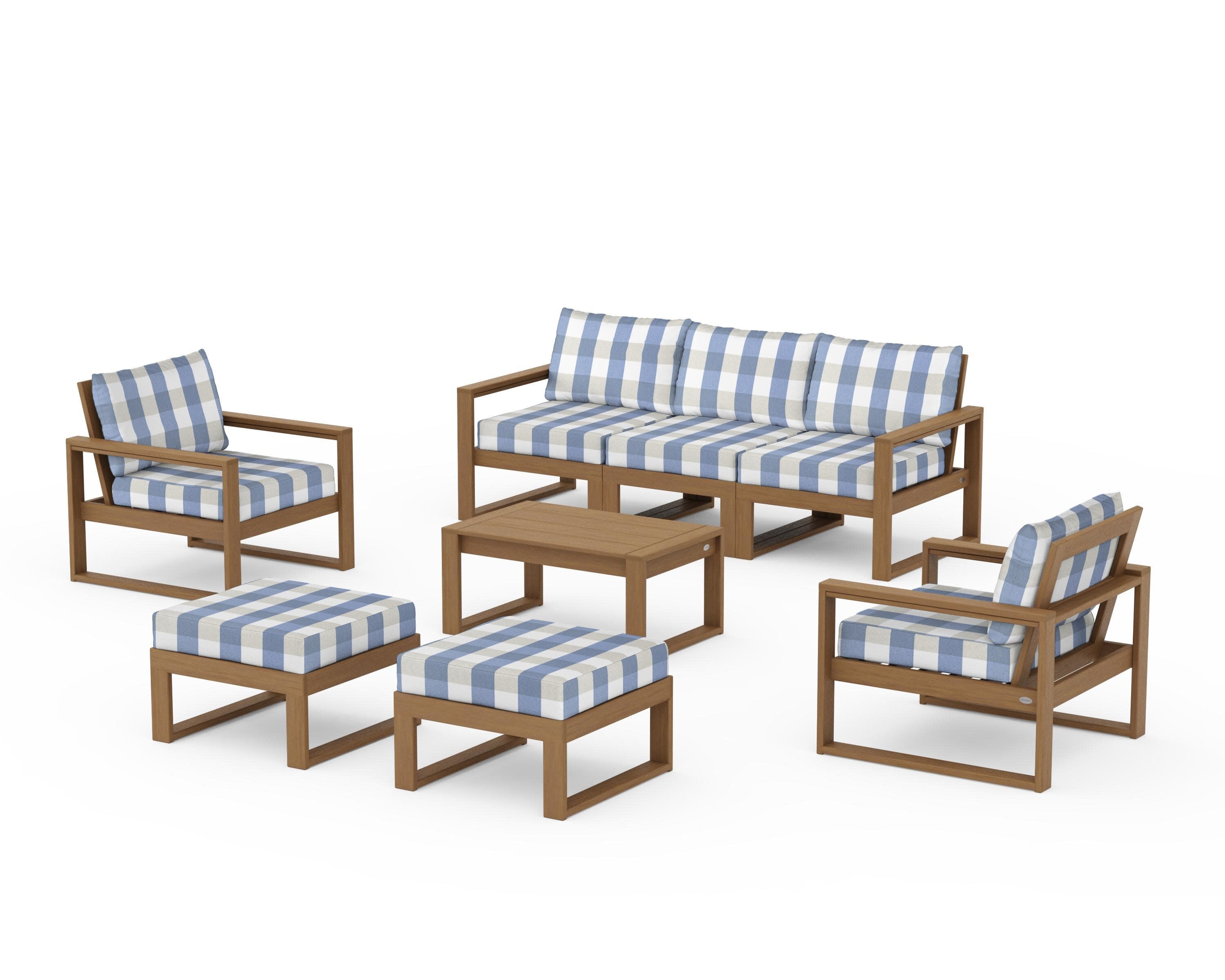 EDGE Sectional 8-Piece Lounge Sofa Set in Natural / Buffalo Plaid Sky Blue