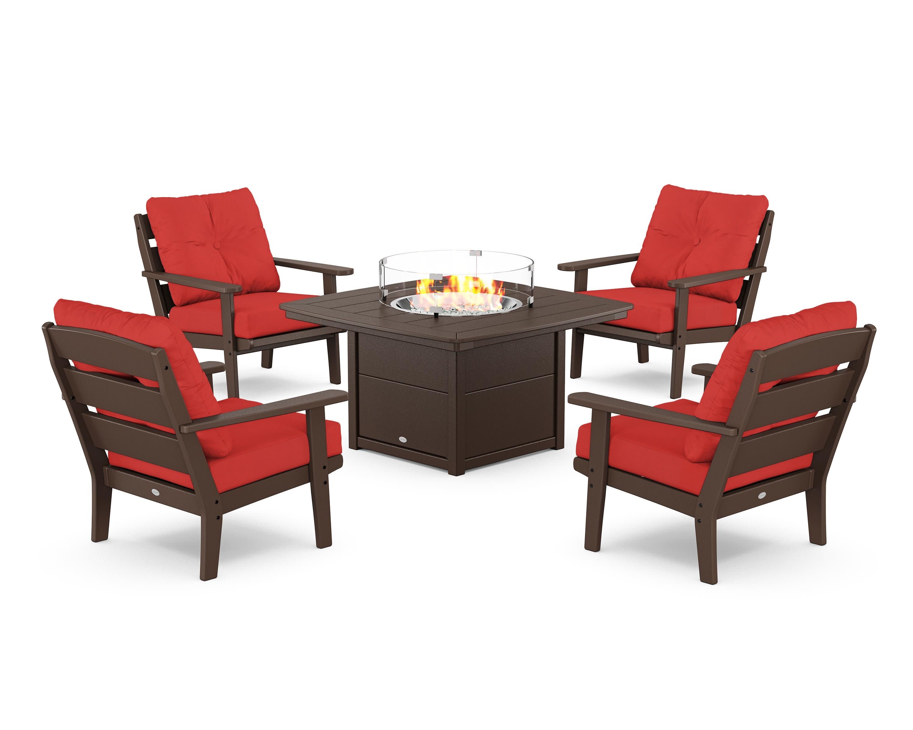 Lakeside 5-Piece Deep Seating Set with Nautical Fire Pit Table in Mahogany / Crimson Linen