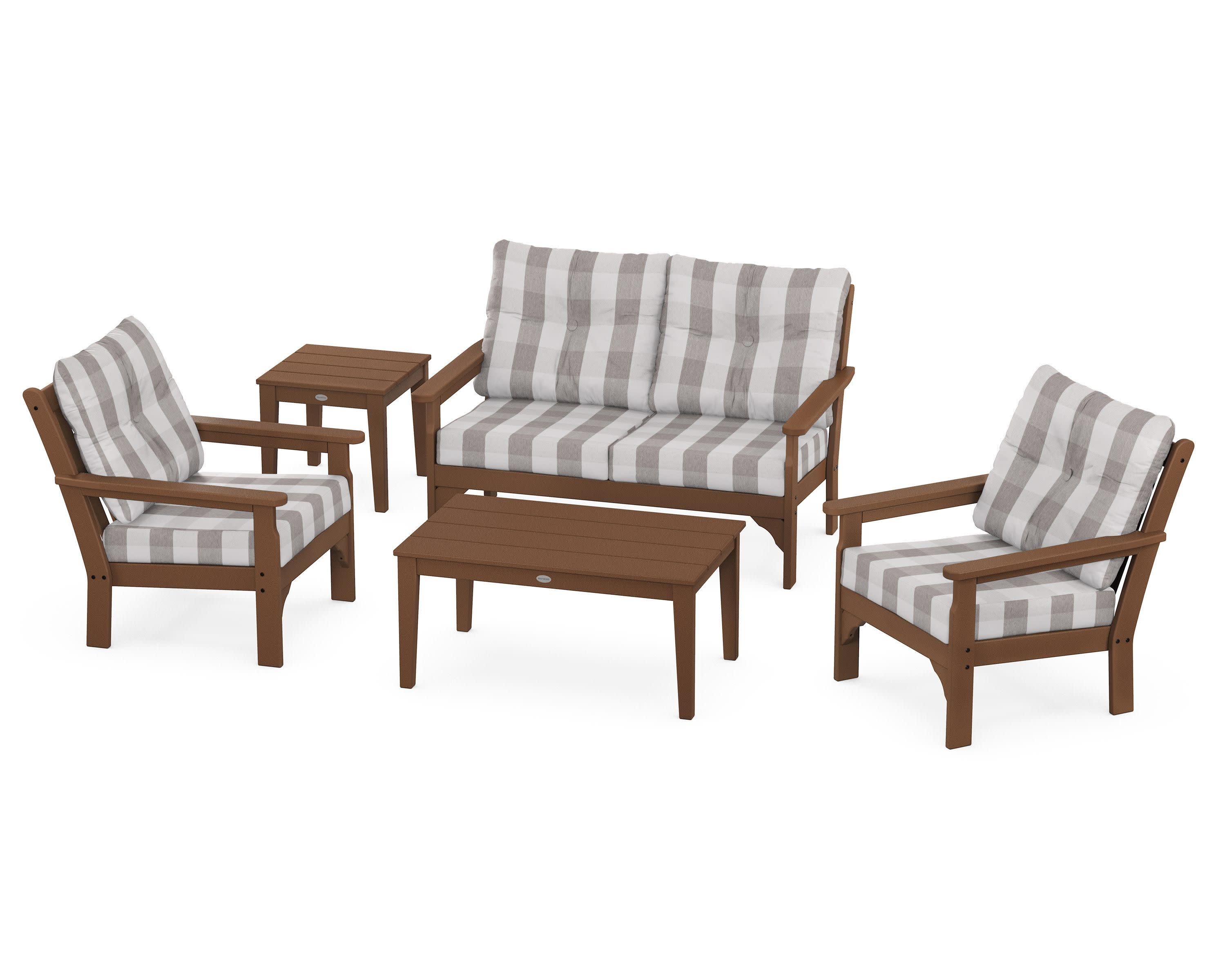 Vineyard 5-Piece Deep Seating Set in Teak / Buffalo Plaid Grey Mist