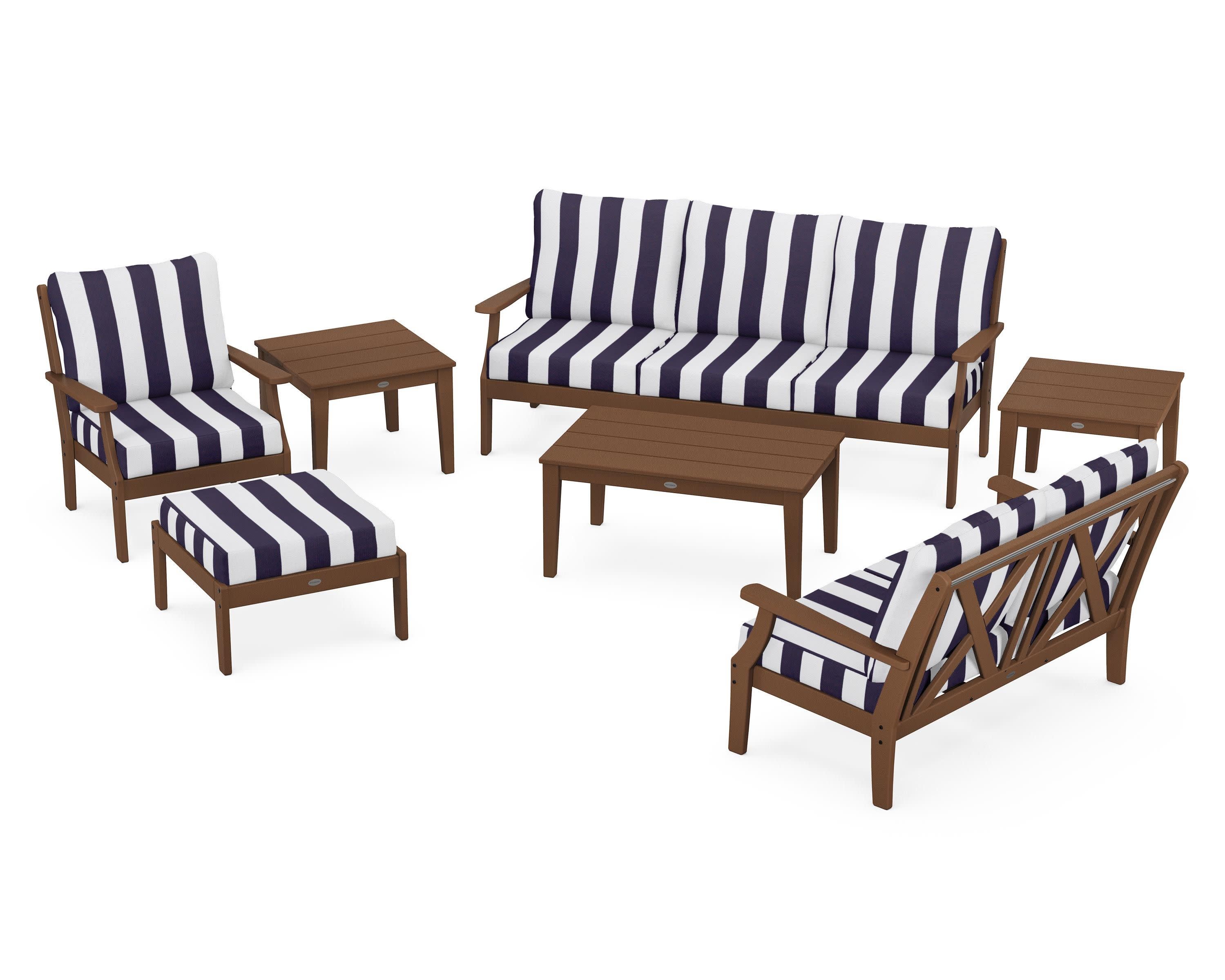 Braxton 7-Piece Deep Seating Set in Teak / Cabana Stripe Navy