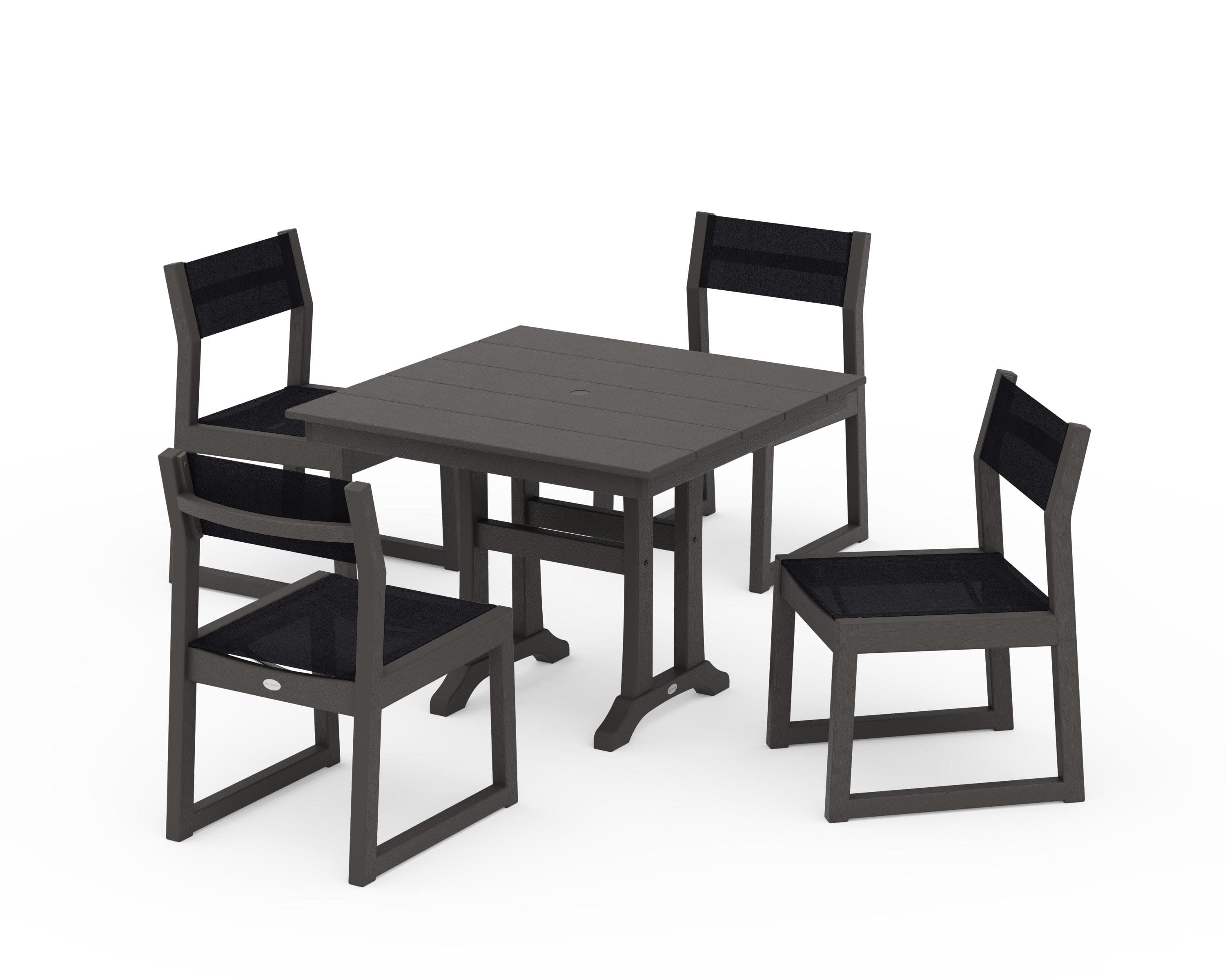 EDGE Sling 5-Piece Farmhouse Trestle Side Chair Dining Set in Vintage Coffee / Black Sling