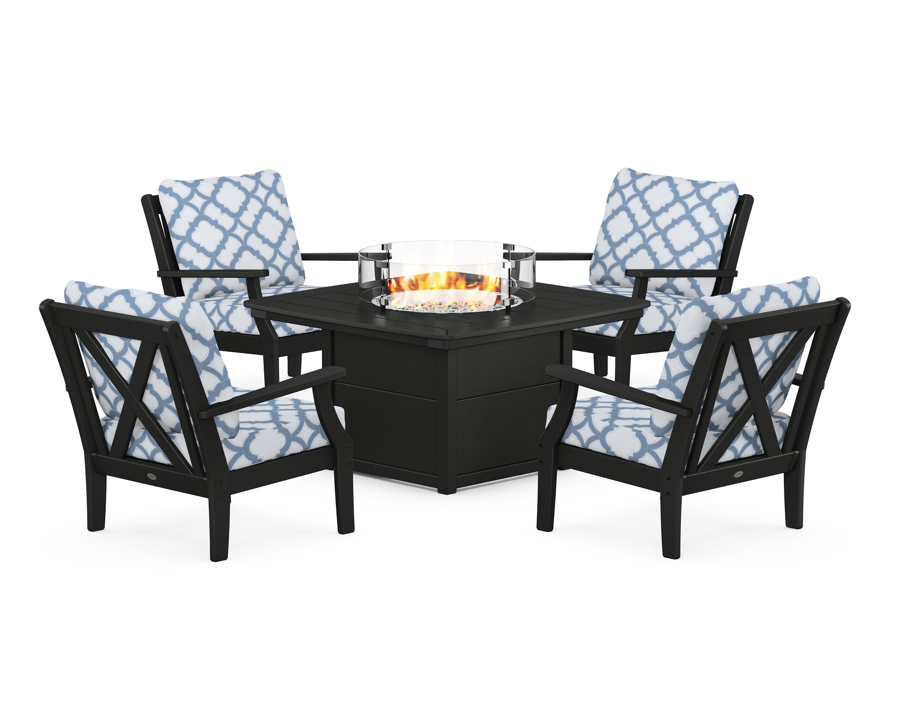 Braxton 5-Piece Deep Seating Conversation Set with Fire Pit Table in Black / Trellis Sky Blue