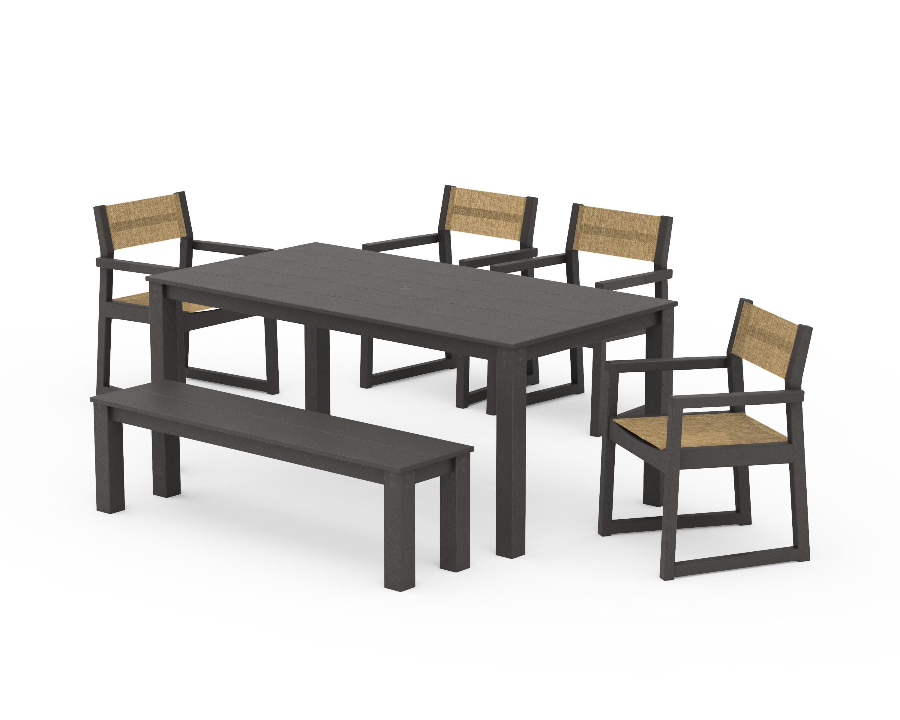 EDGE Sling Arm Chair 6-Piece Parsons Dining Set with Bench in Vintage Coffee / Burlap Sling