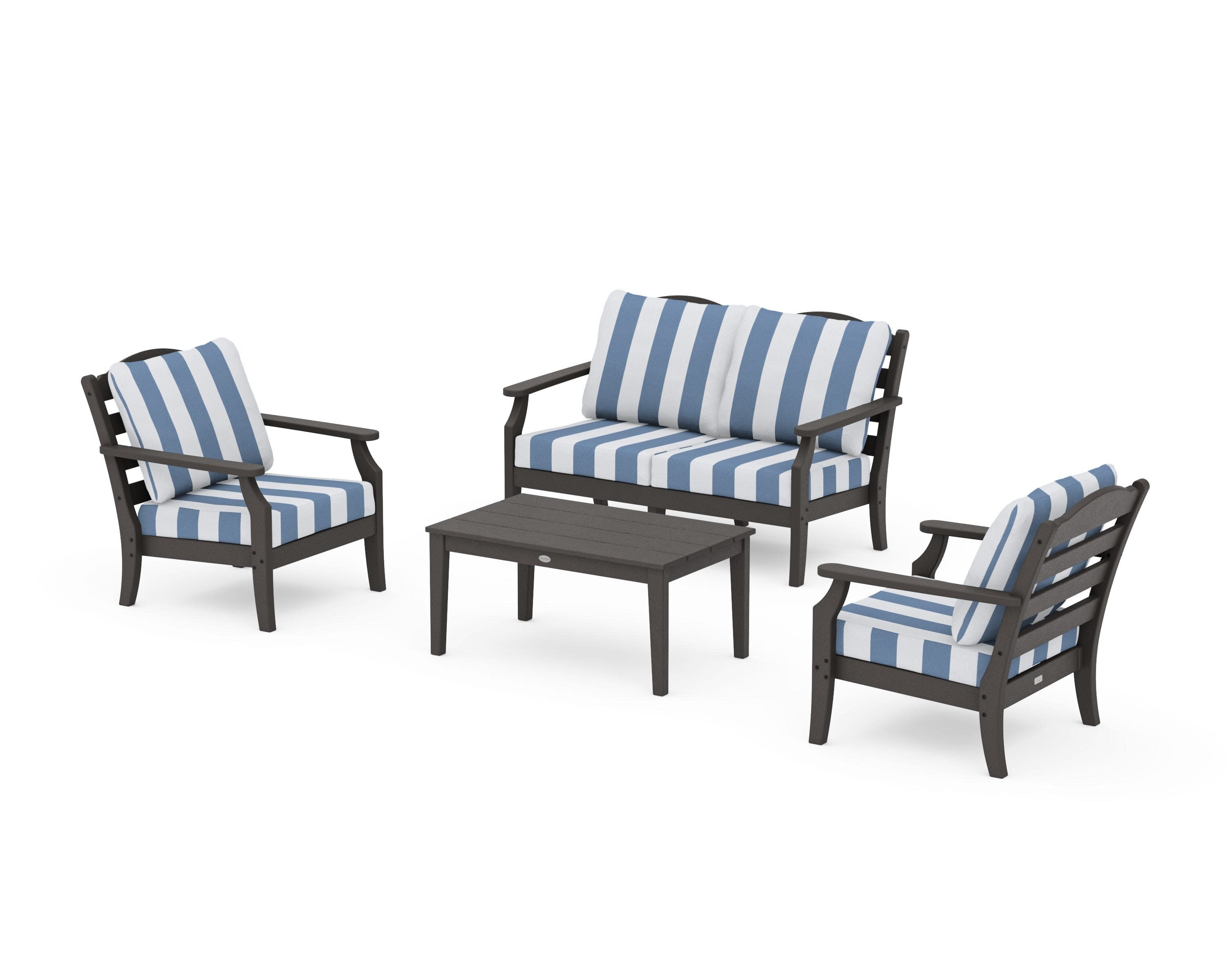 Savannah 4-Piece Deep Seating Set with Loveseat in Vintage Coffee / Cabana Stripe Sky Blue